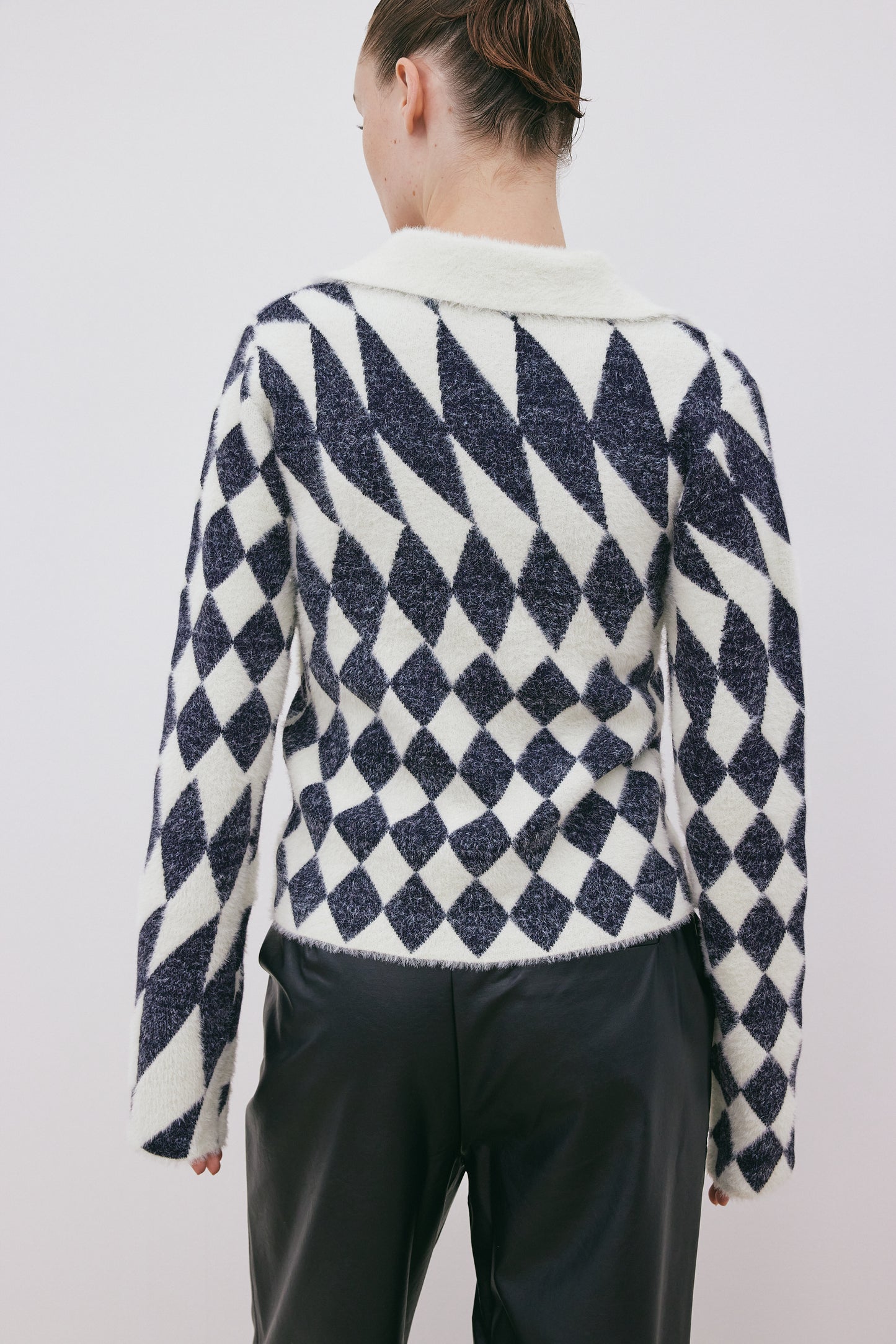 Rhombus Fuzzy Sweater Cardigan, Navy & Cream