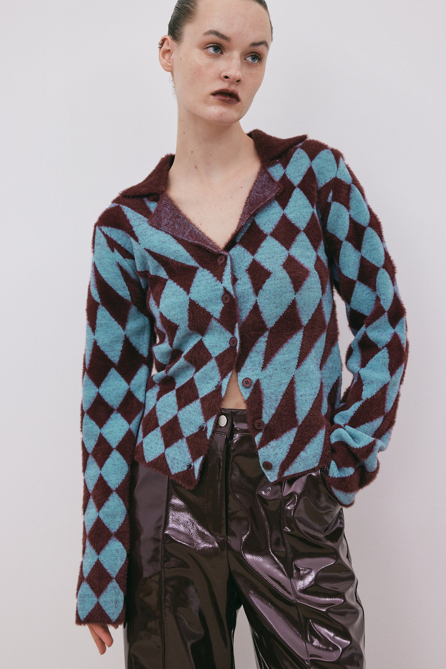 Rhombus Fuzzy Sweater Cardigan, Sangria & Azure