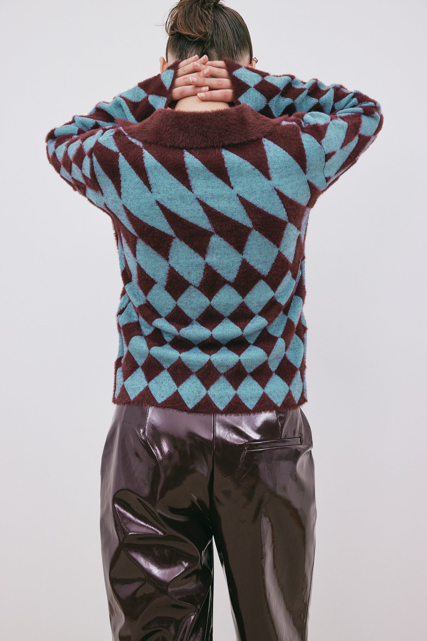 Rhombus Fuzzy Sweater Cardigan, Sangria & Azure