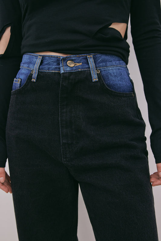 Contrast Spliced Jeans, Charcoal & Blue