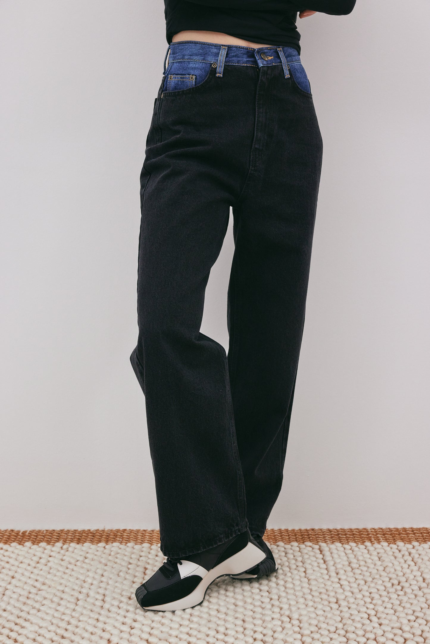 Contrast Spliced Jeans, Charcoal & Blue