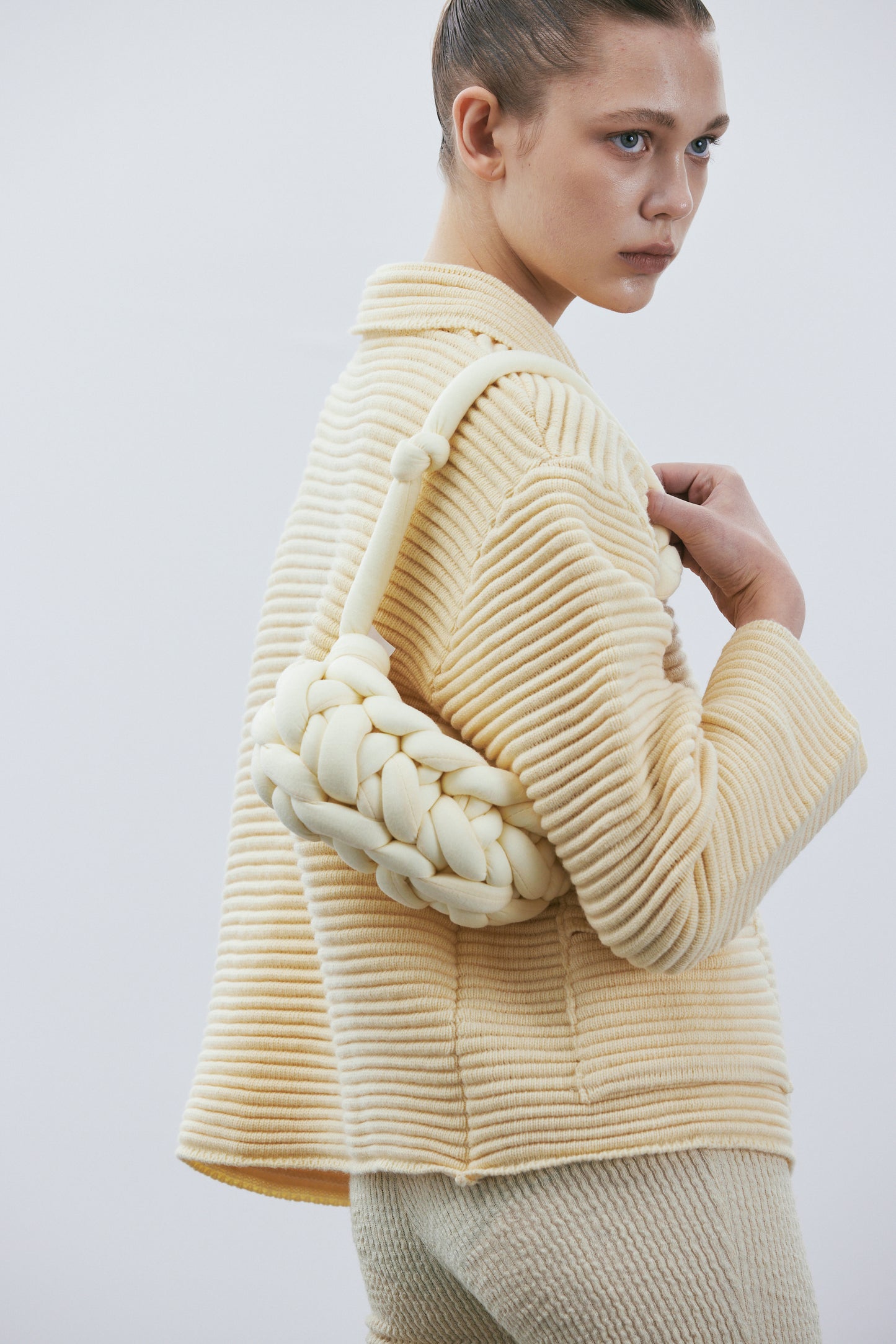 Oval Knitted Basket Bag, Lemon