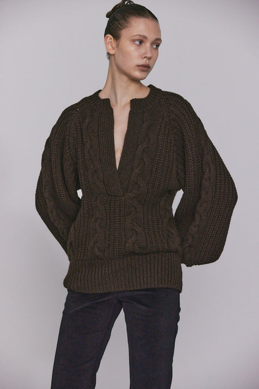 Deep V-neck Cable Knit Pullover, Dark Chocolate
