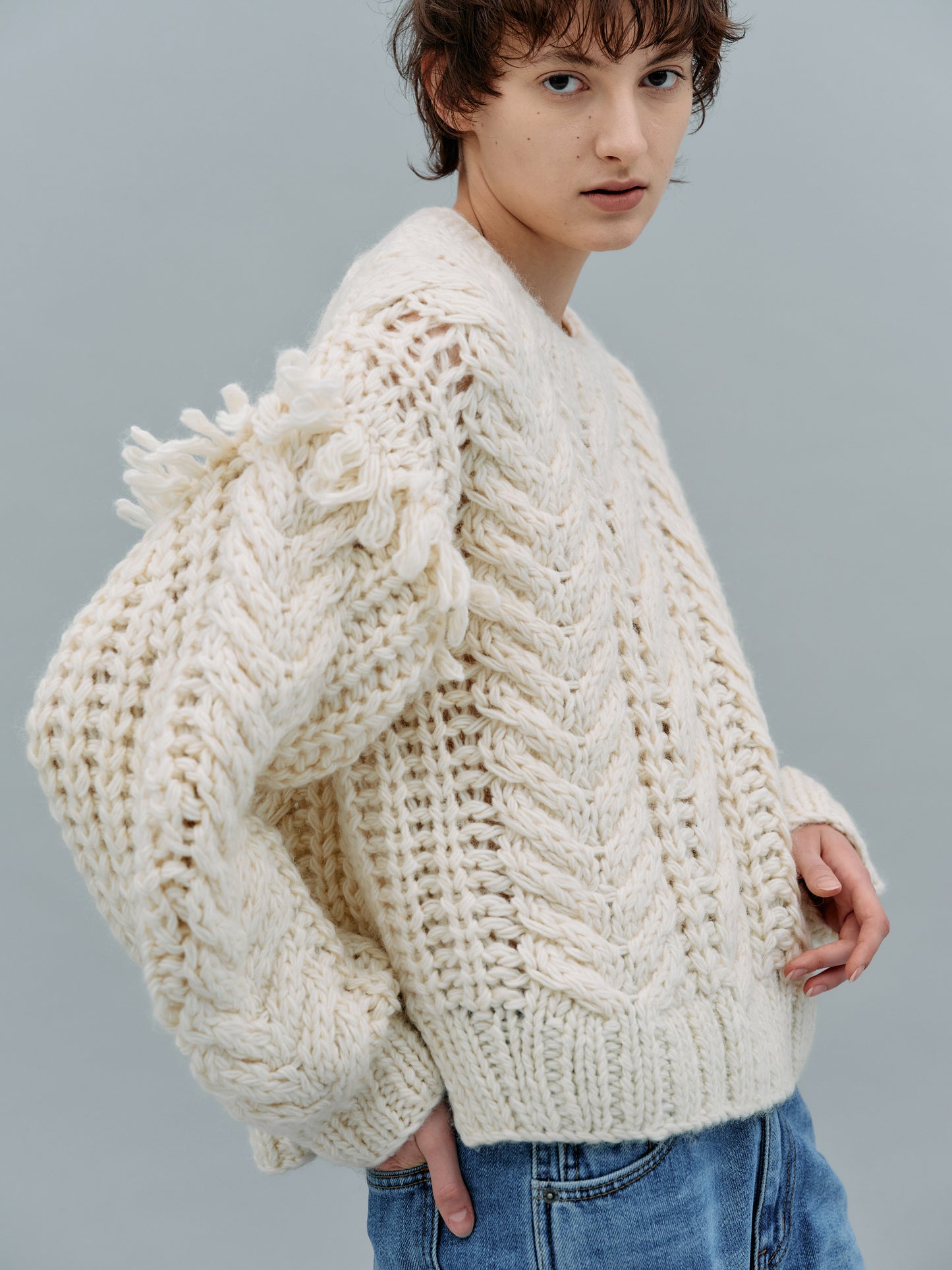 Hand Knit Cable Fringe Sweater, Rice