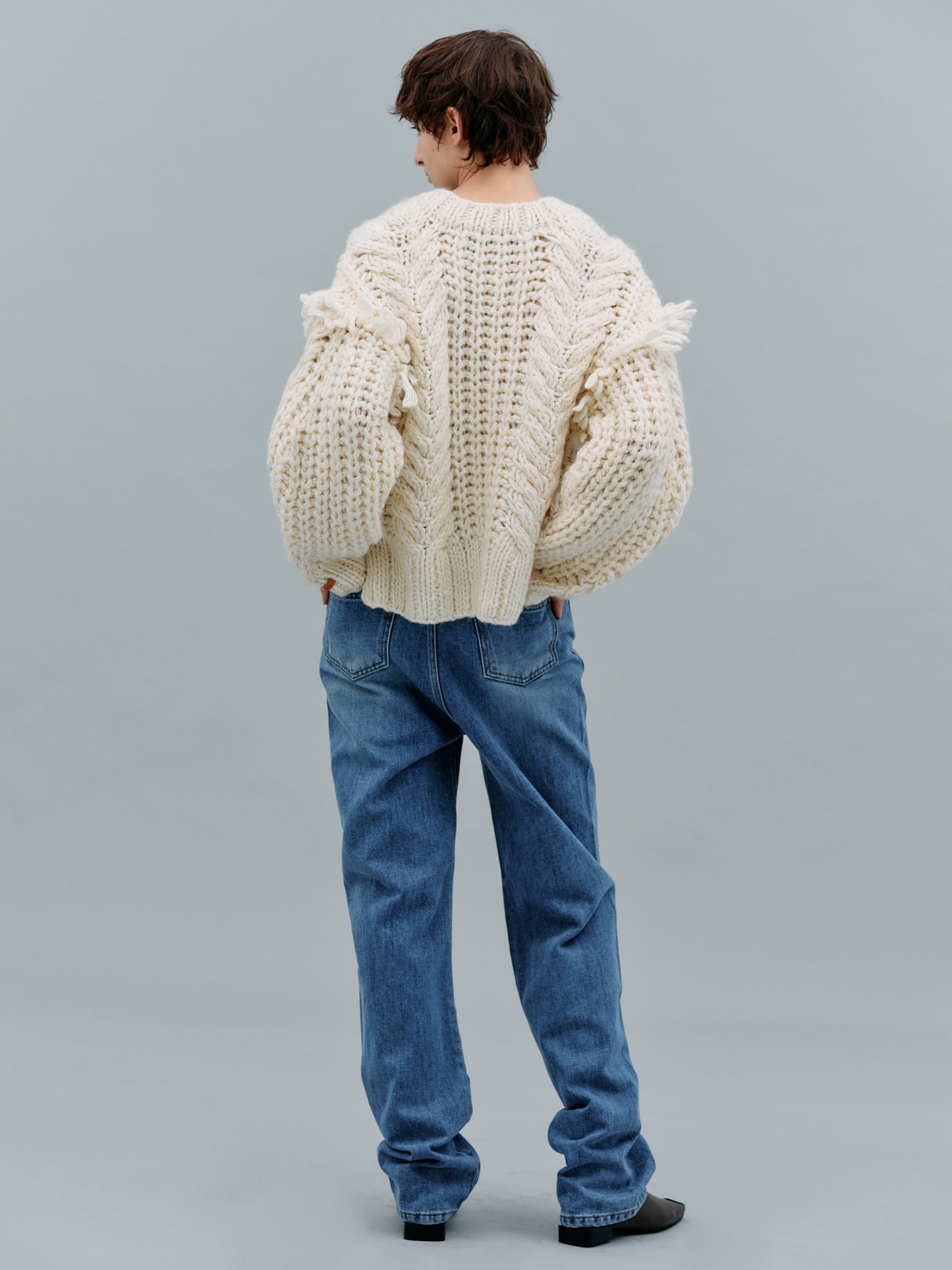 Hand Knit Cable Fringe Sweater, Rice