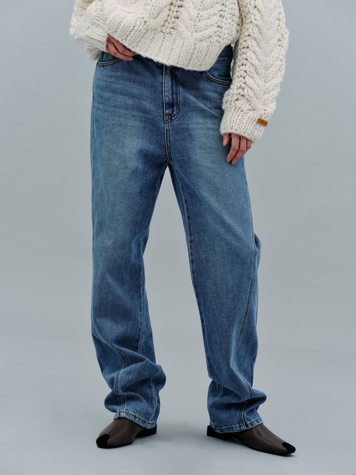 Bias Stitch Long Jeans, Medium Blue