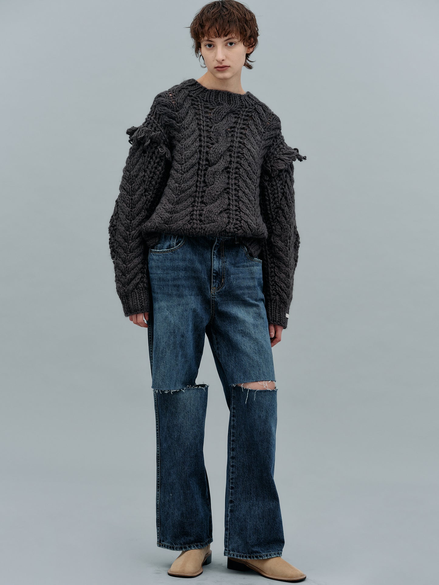 Hand Knit Cable Fringe Sweater, Pebble