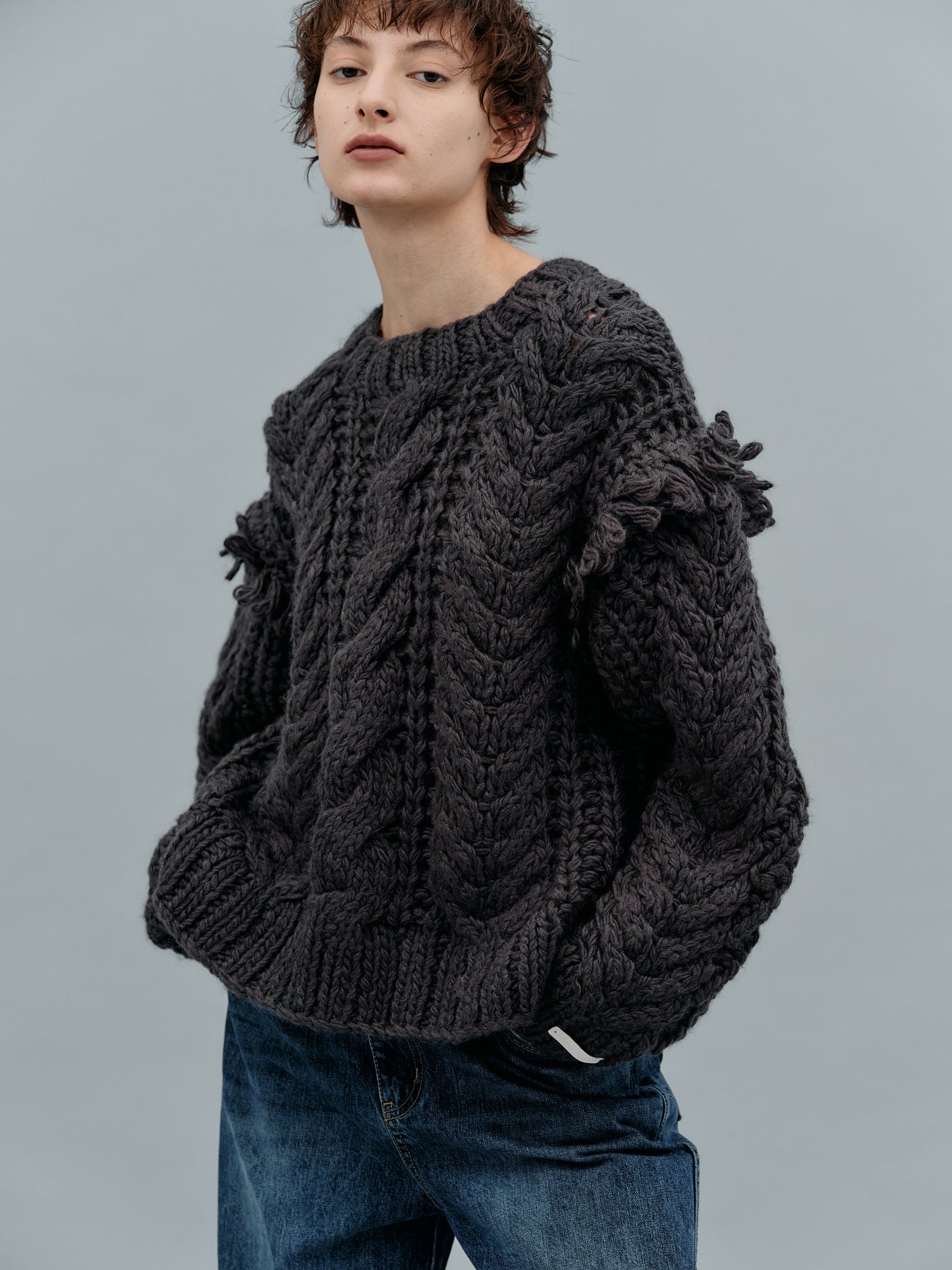 Hand Knit Cable Fringe Sweater, Pebble
