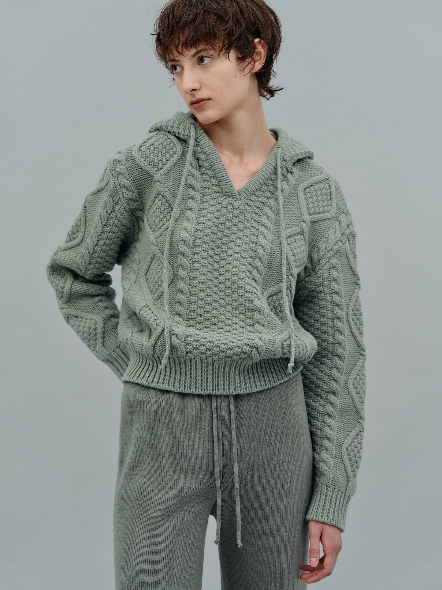 Cable Knit Hoodie, Sage
