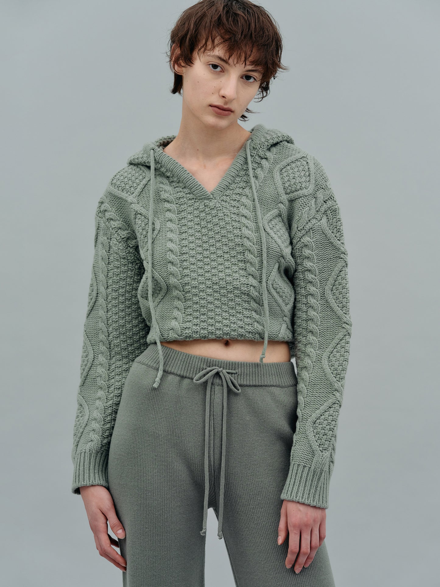 Cable Knit Hoodie, Sage
