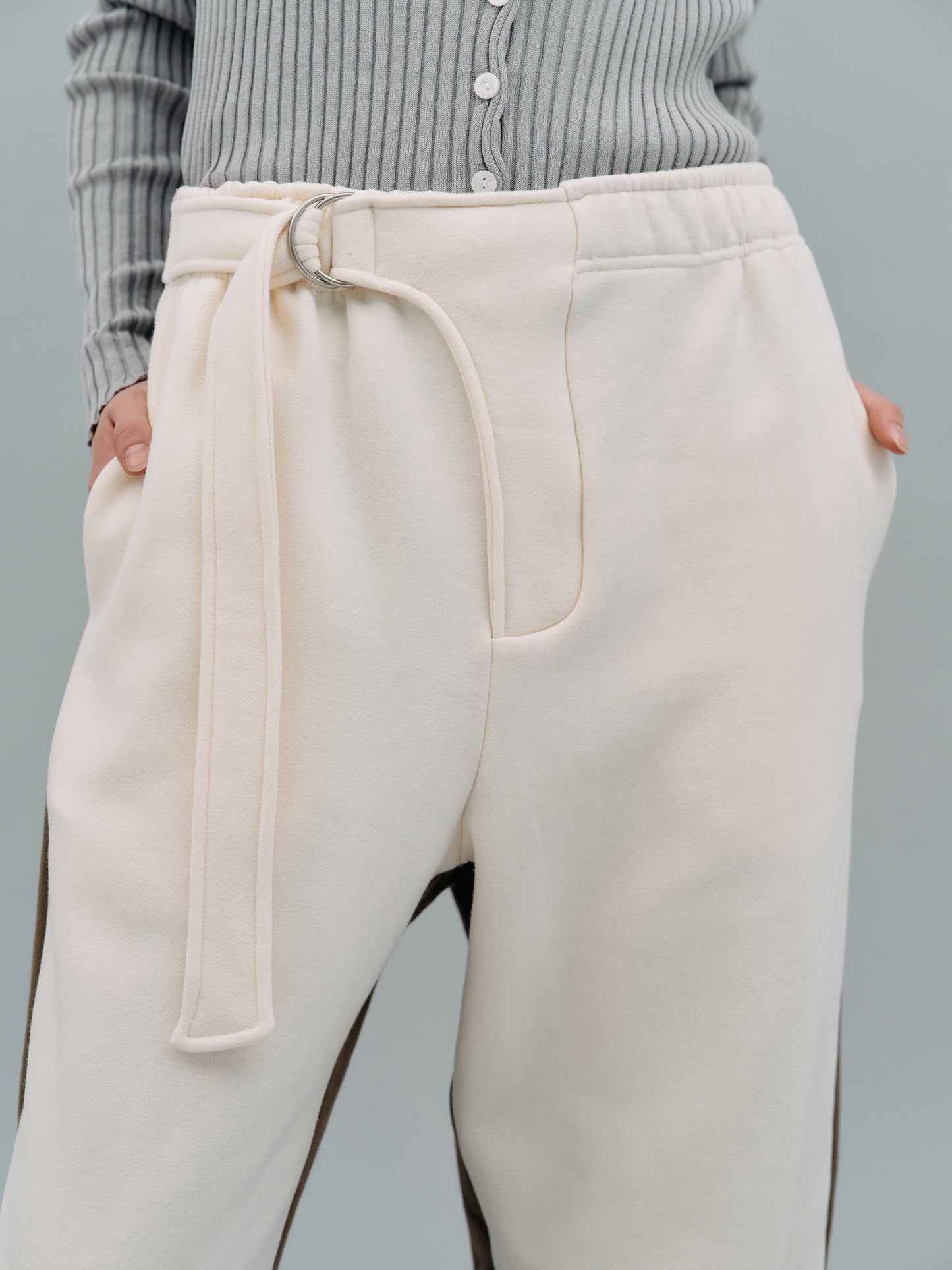 Belted Bicolor Sweatpants, Khaki & Ivory