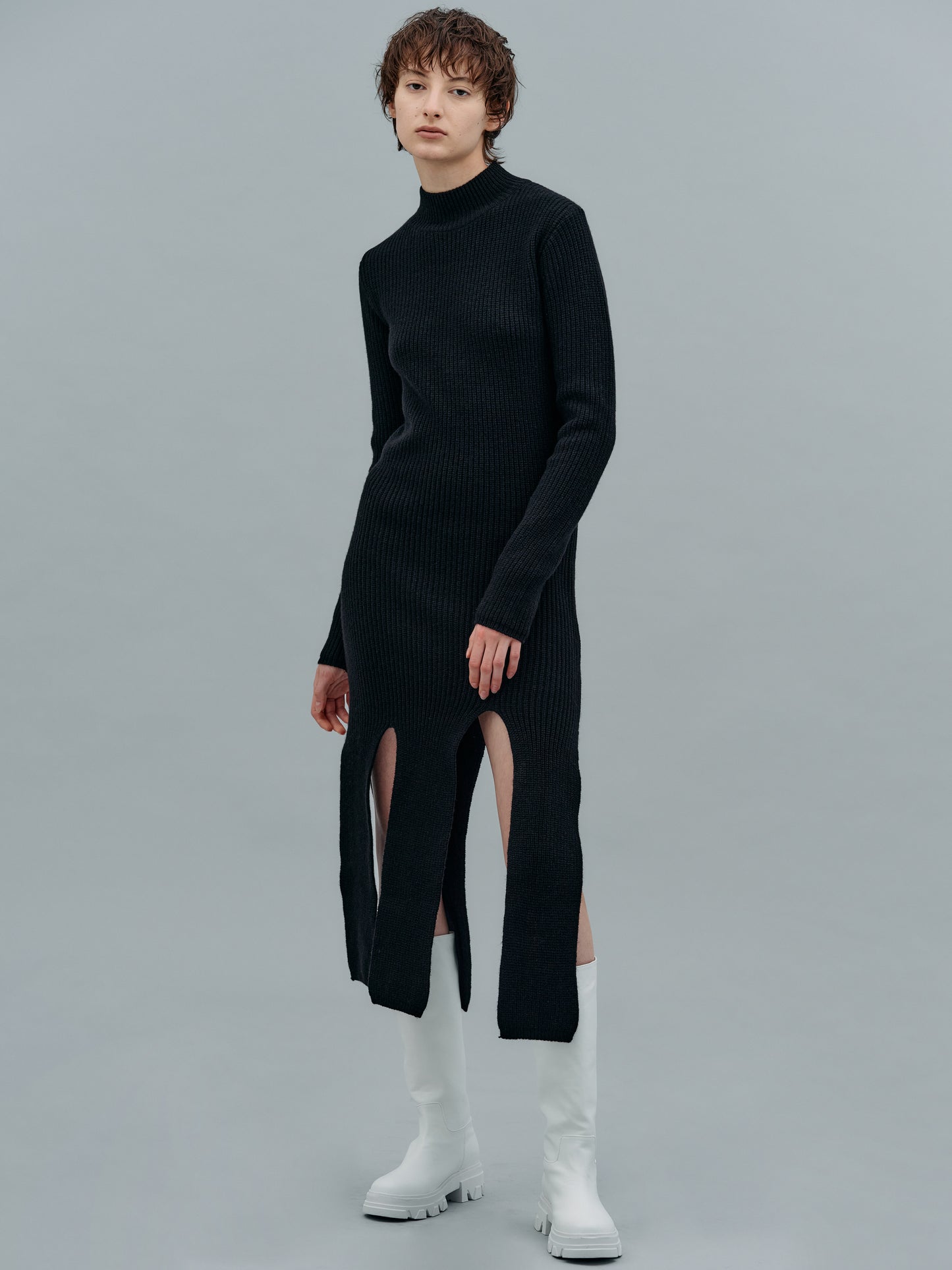 Slit Cut Merino Wool Dress, Black