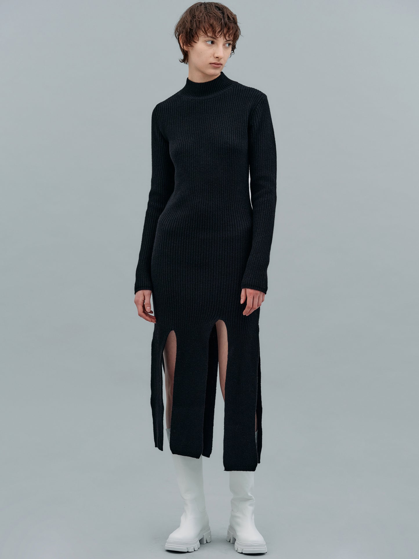 Slit Cut Merino Wool Dress, Black
