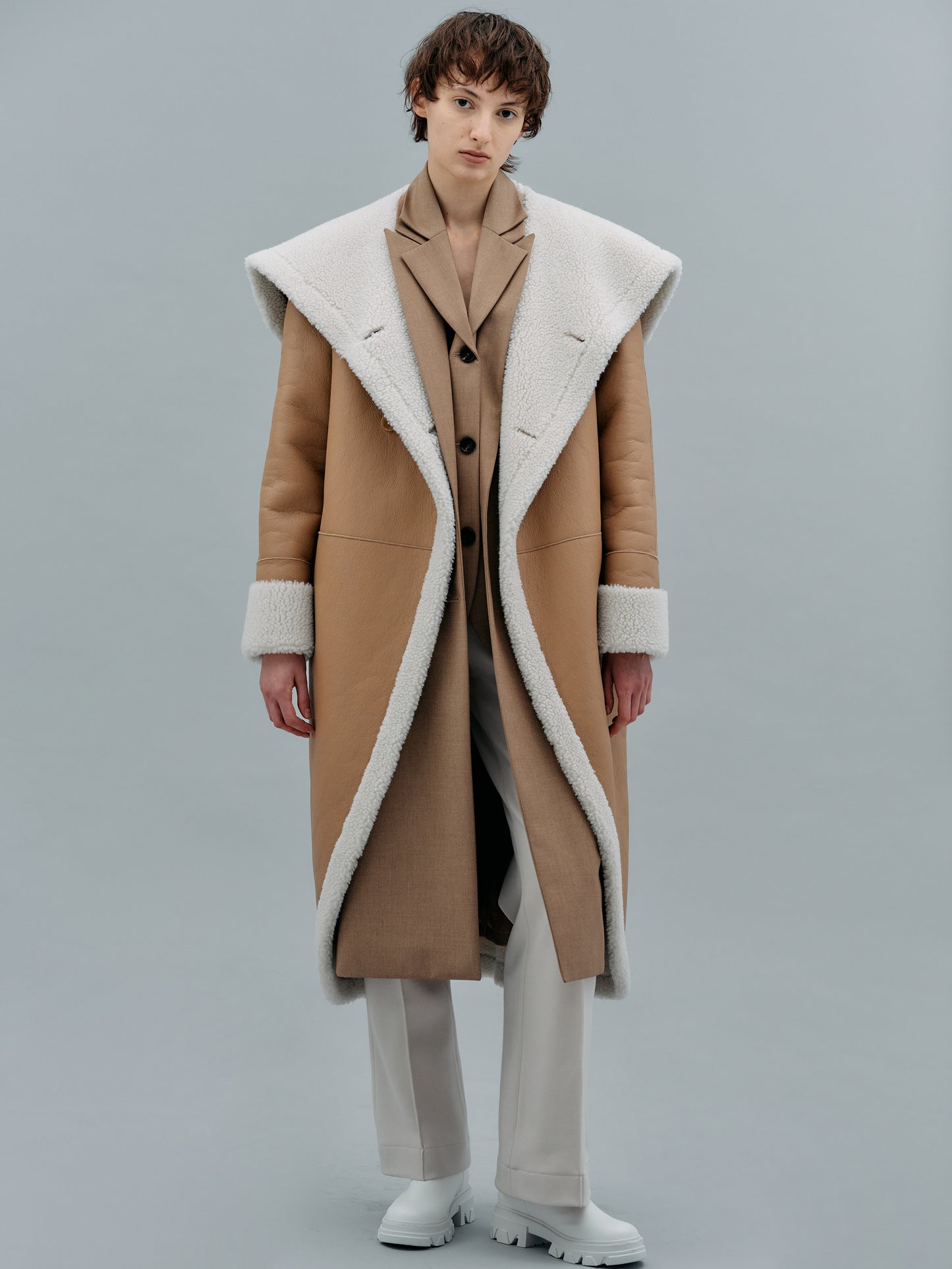 Leather Shearling Wrap Coat, Camel