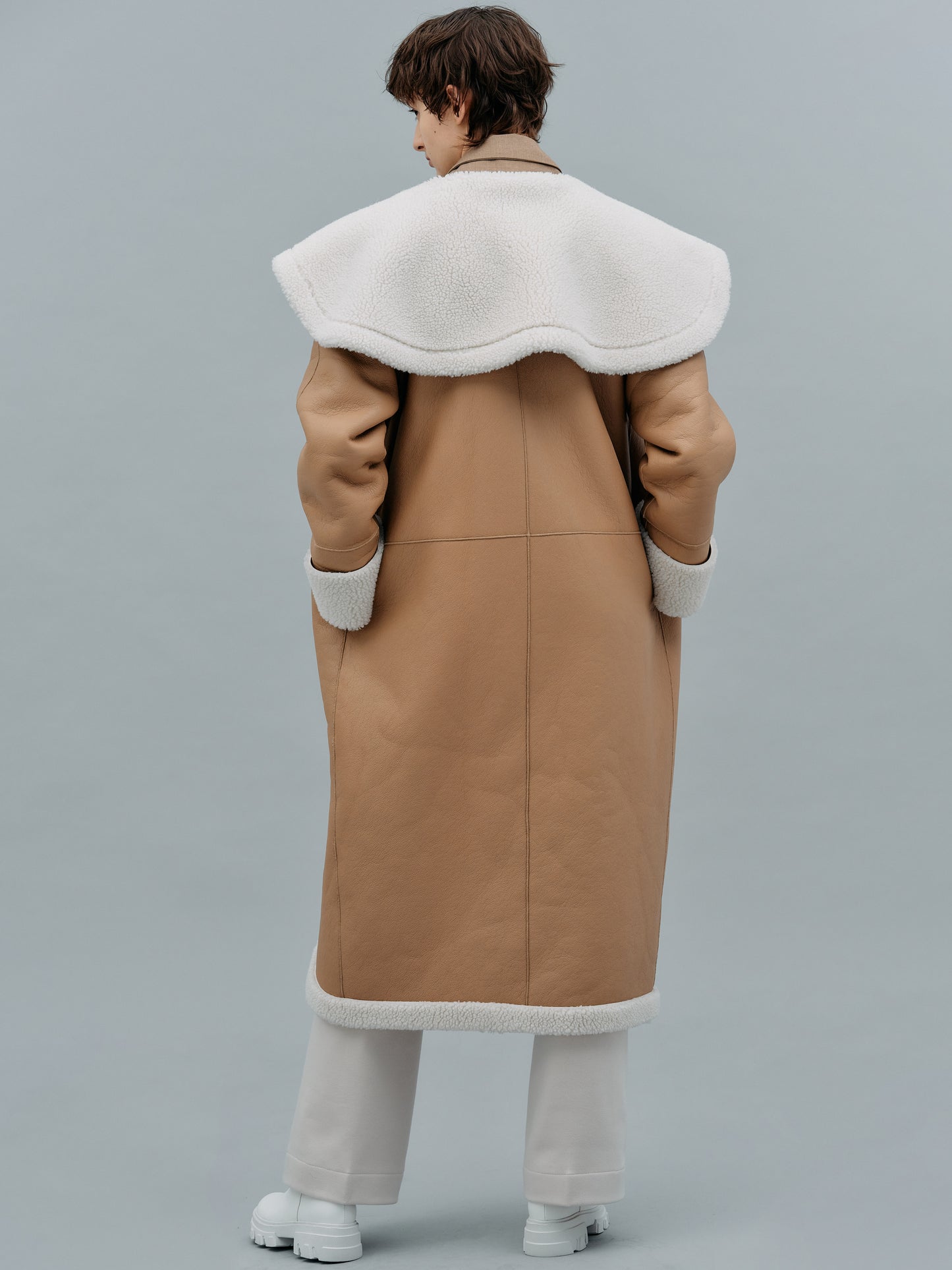 Leather Shearling Wrap Coat, Camel