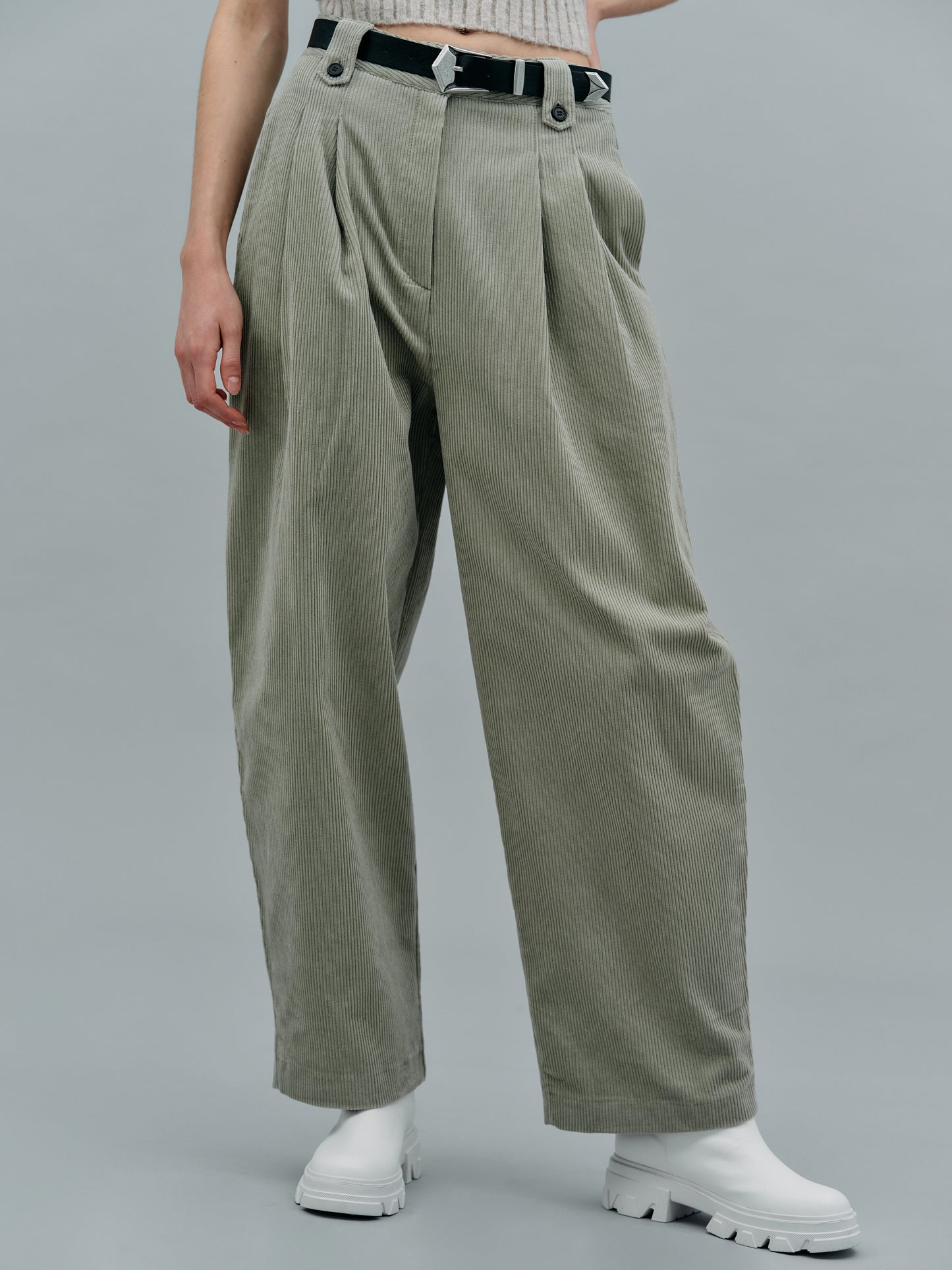 Double Pleat Belted Corduroy Pants, Moss