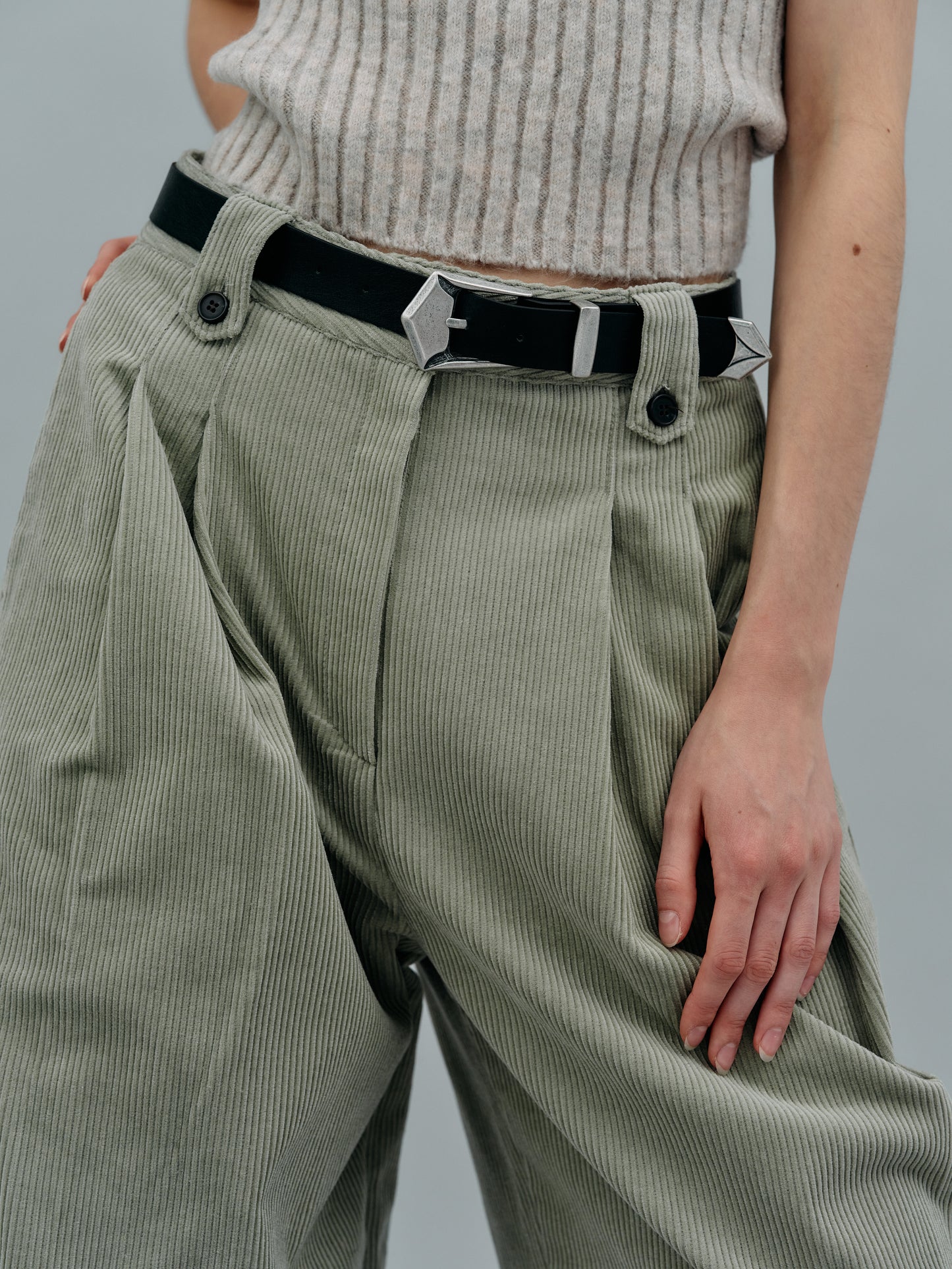 Double Pleat Belted Corduroy Pants, Moss