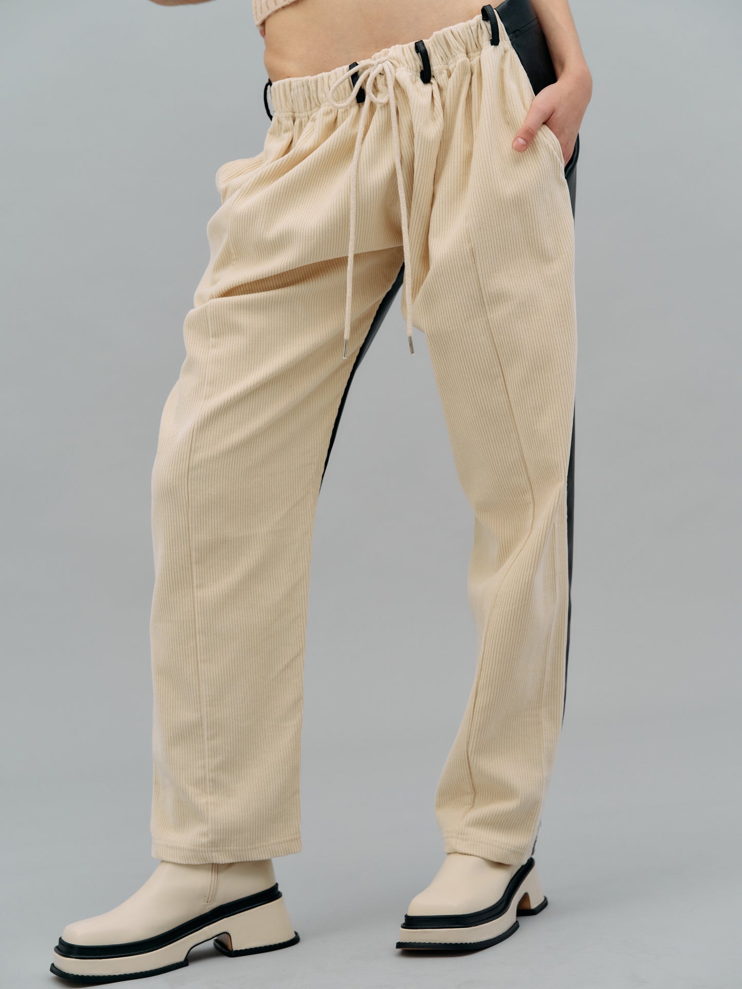 Back Leather Corduroy Pants, Cream & Black