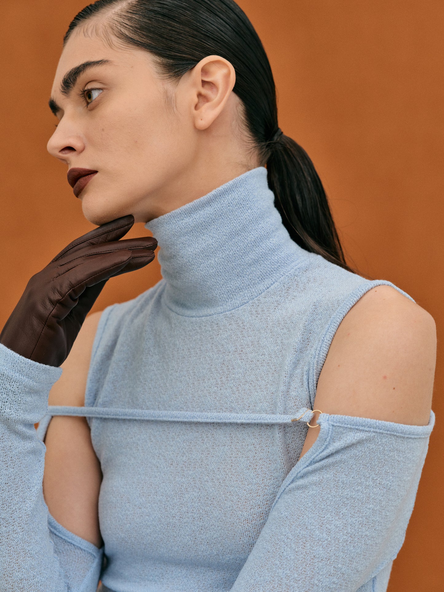Arm Sleeve Turtleneck Knit Top, Caroline Blue