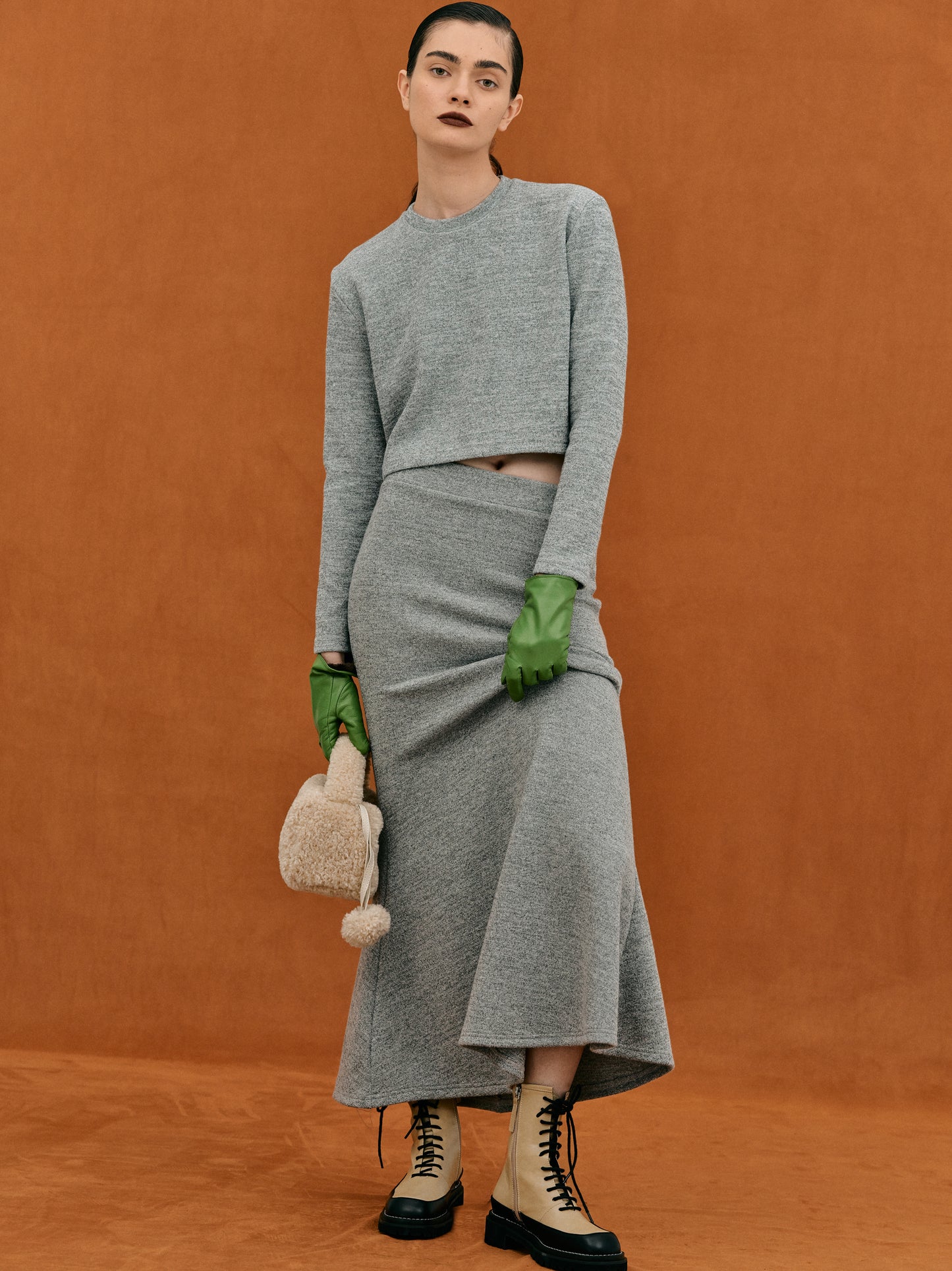 Crop Knit Top & Midi Skirt Set, Grey Melange
