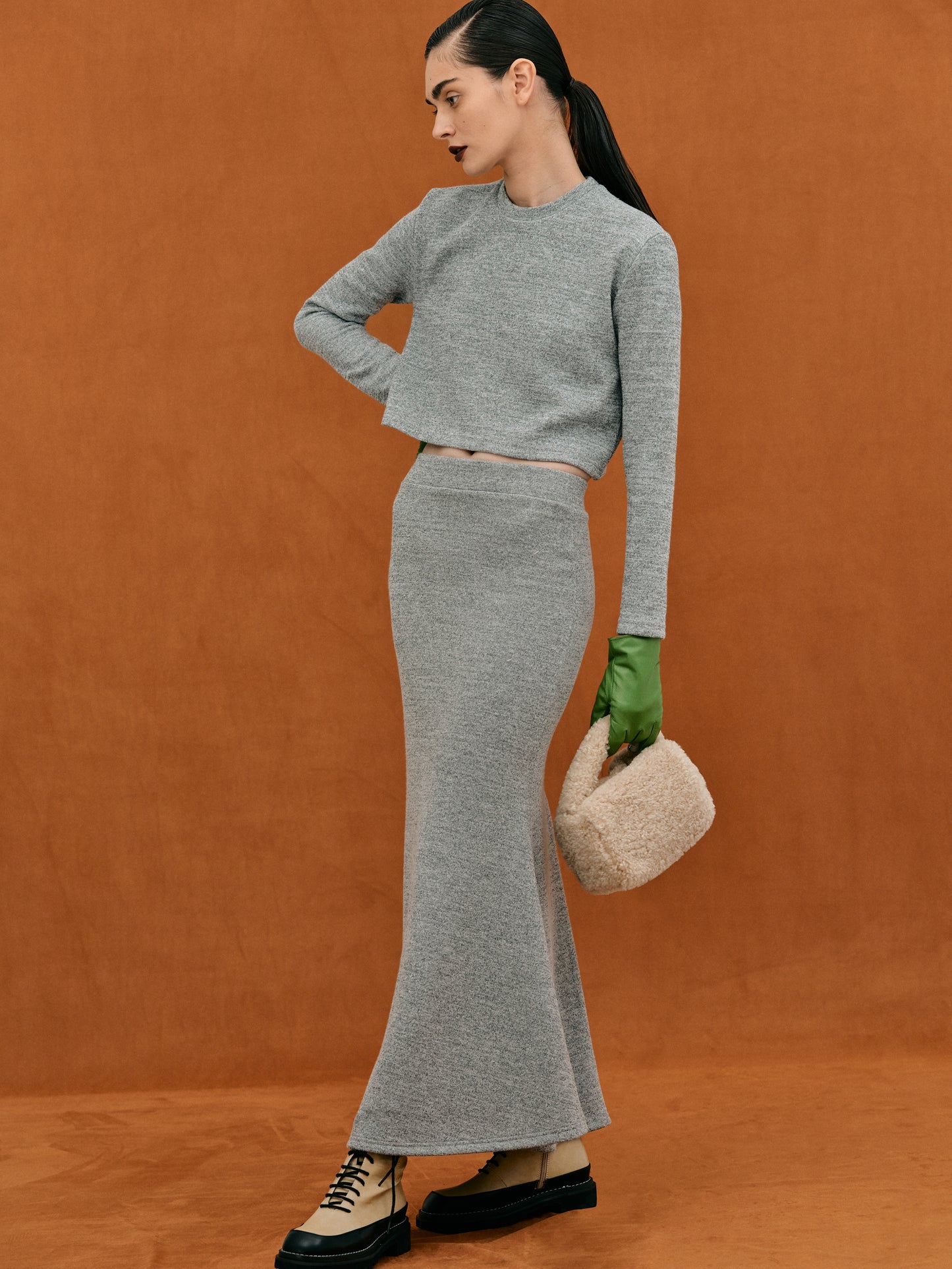 Crop Knit Top & Midi Skirt Set, Grey Melange