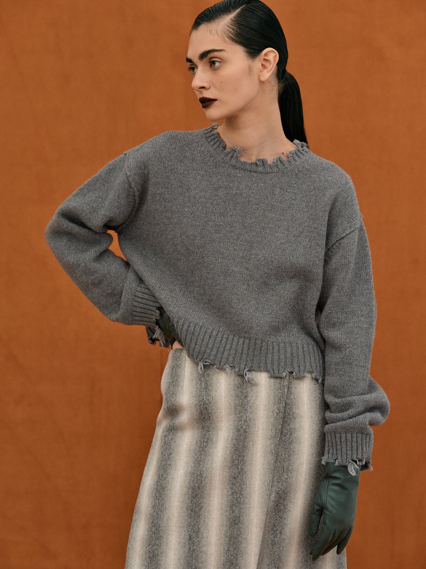 Wool Raw Edge Neck Warmer Sweater Set, Charcoal