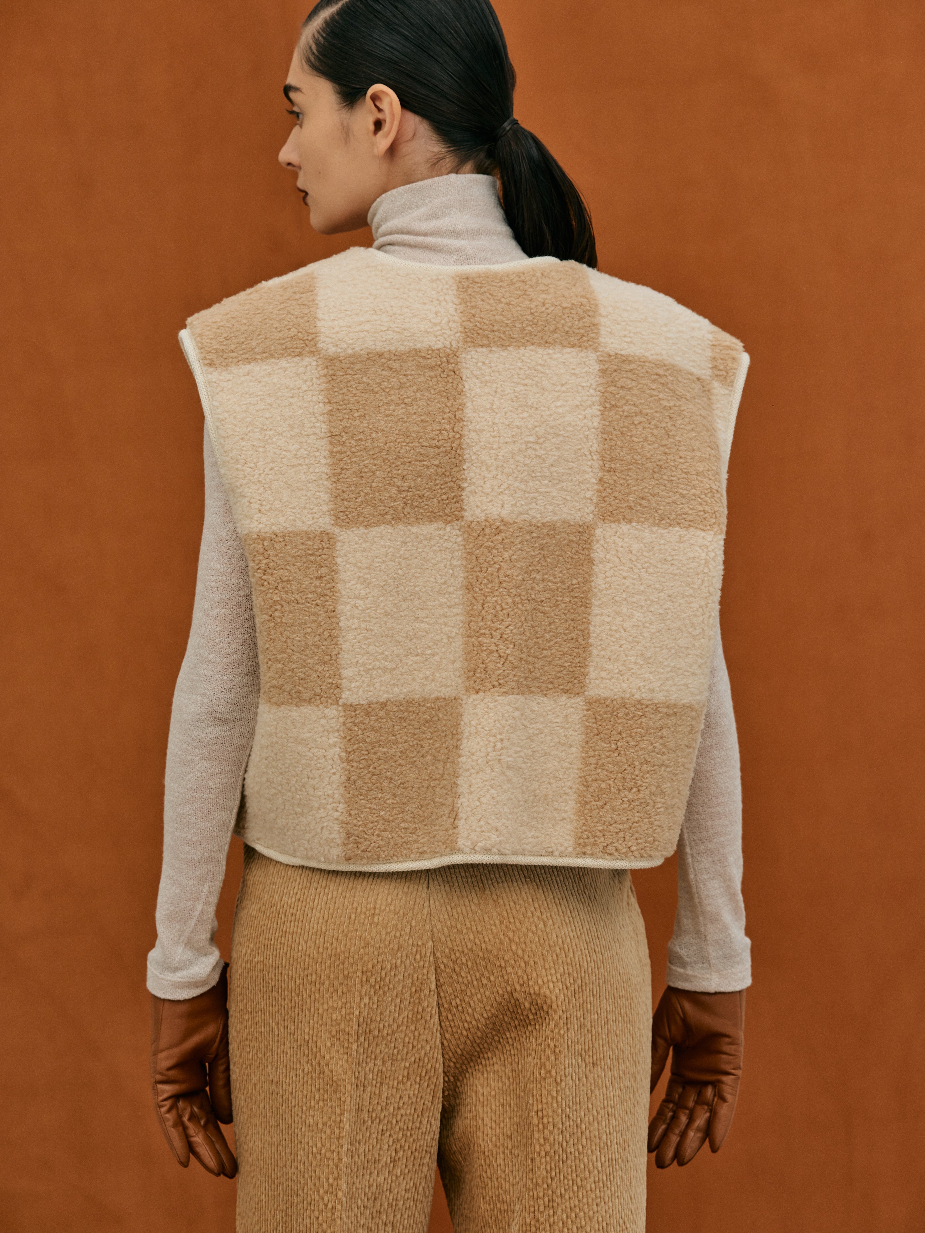 Checker Shearling Vest, Biscuit