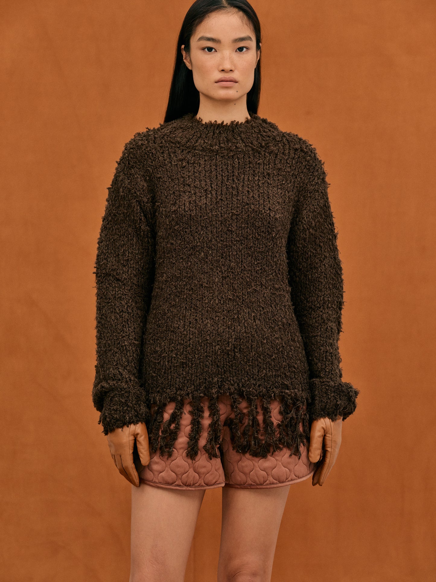 Fringe Boucle Pullover Sweater, Java
