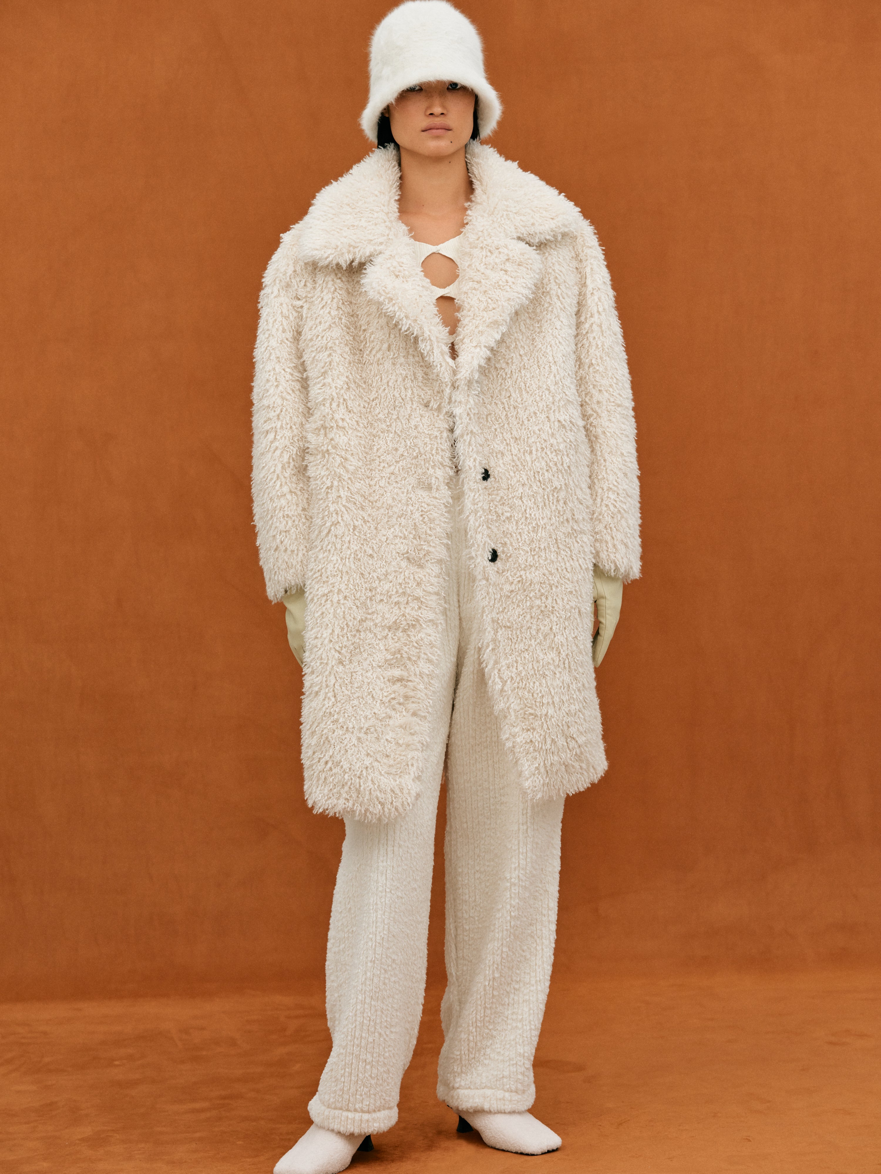 Eco Curly-Shearling Fur Coat, Eggnog