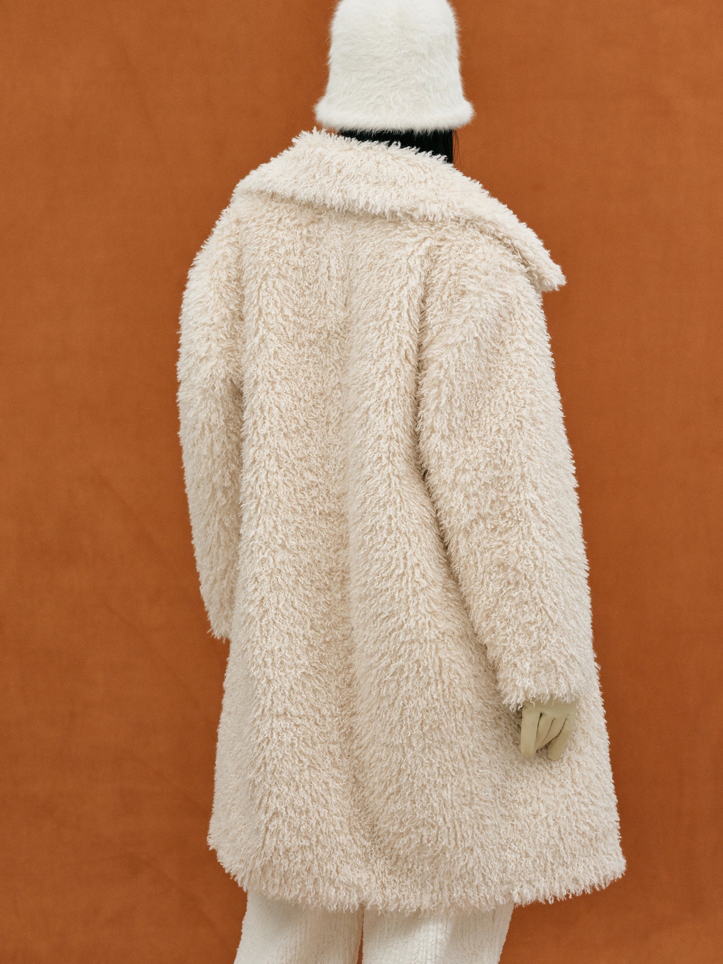 Eco Curly-Shearling Fur Coat, Eggnog