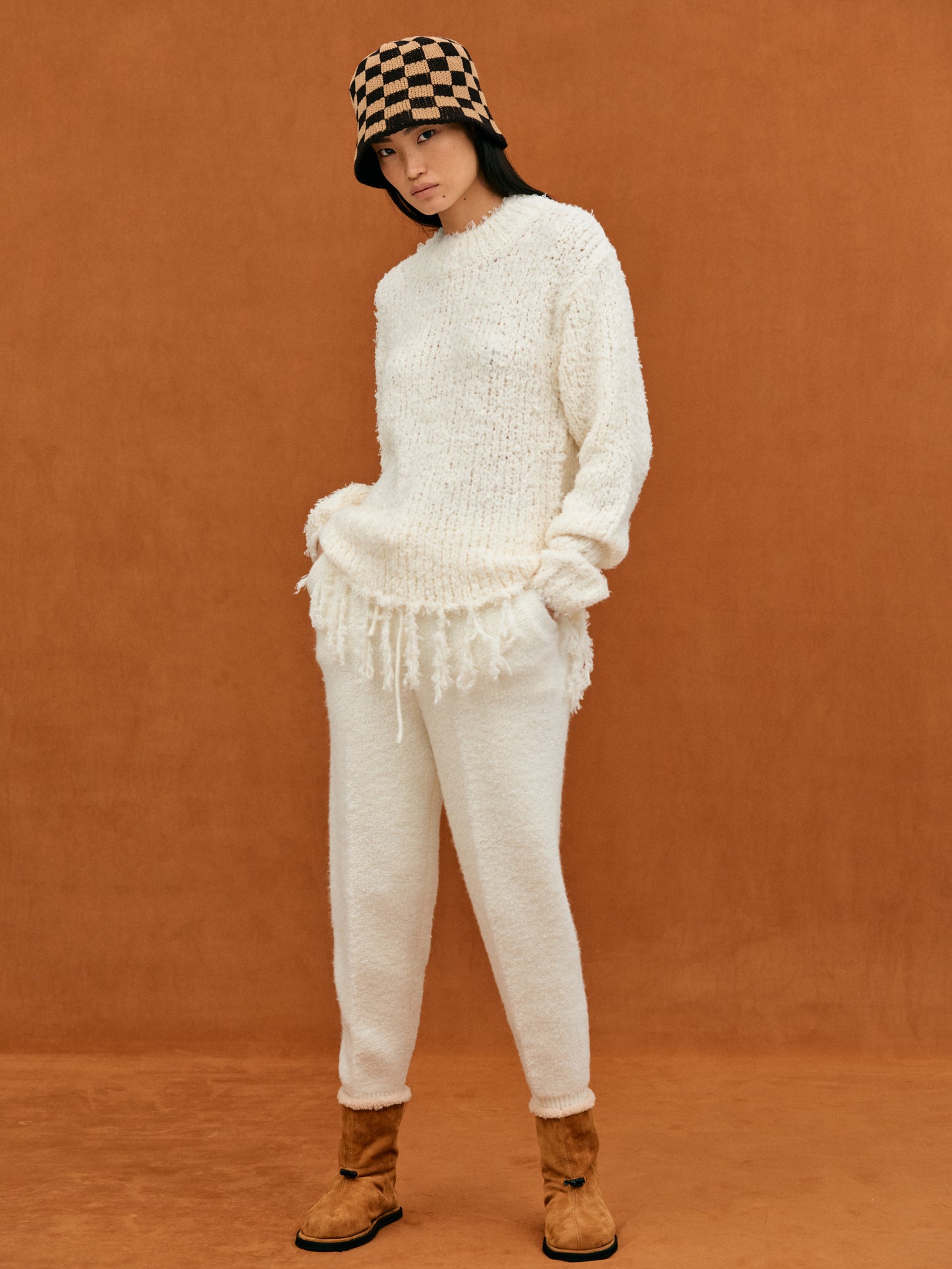 Fringe Boucle Pullover Sweater, Chiffon
