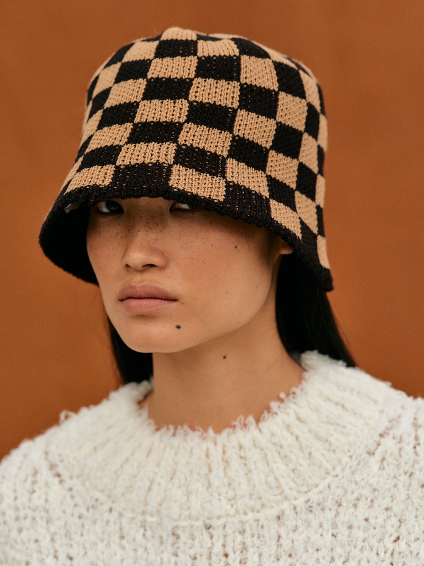 Checkerboard Knit Bucket Hat, Toffee