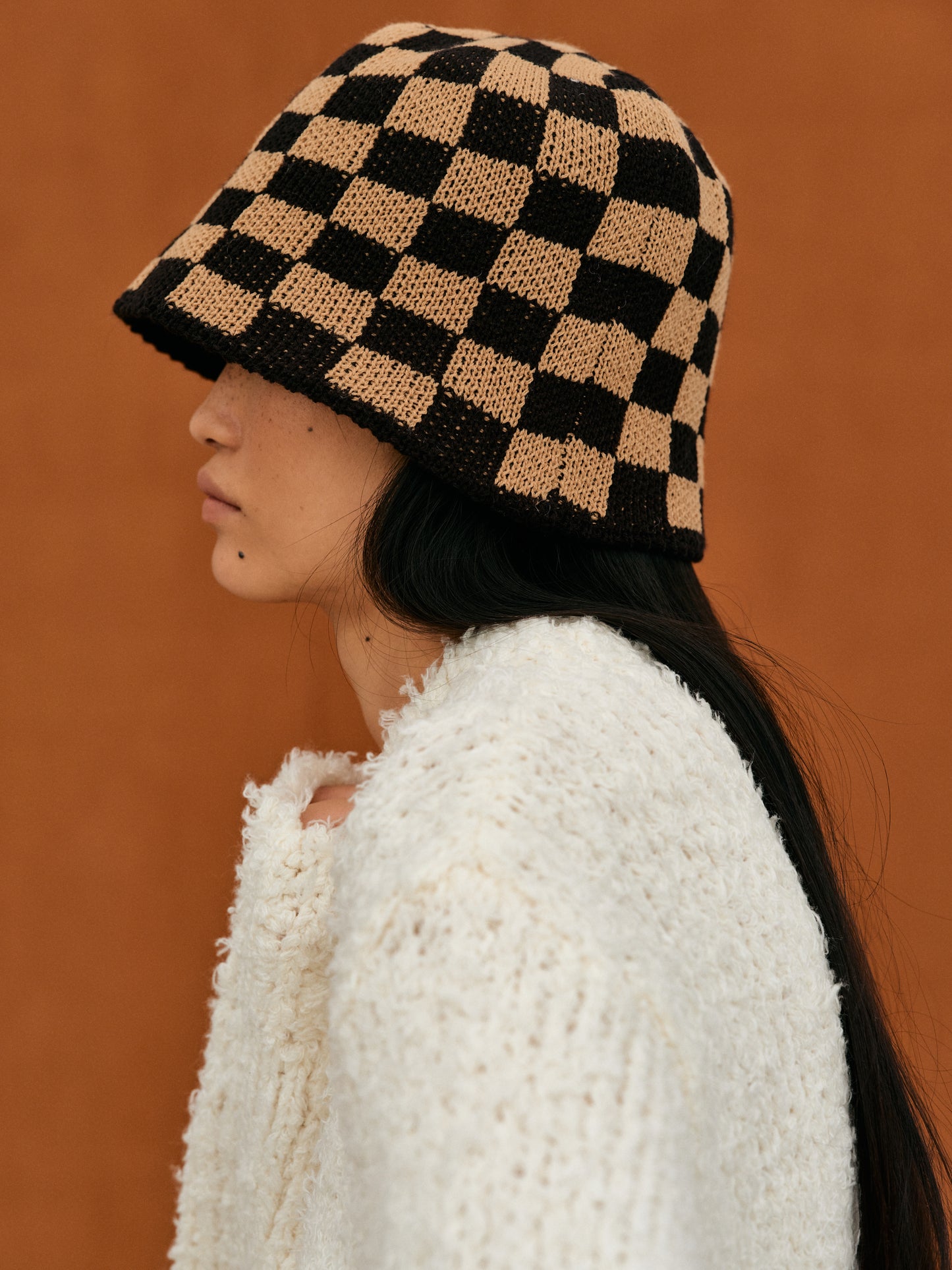 Checkerboard Knit Bucket Hat, Toffee