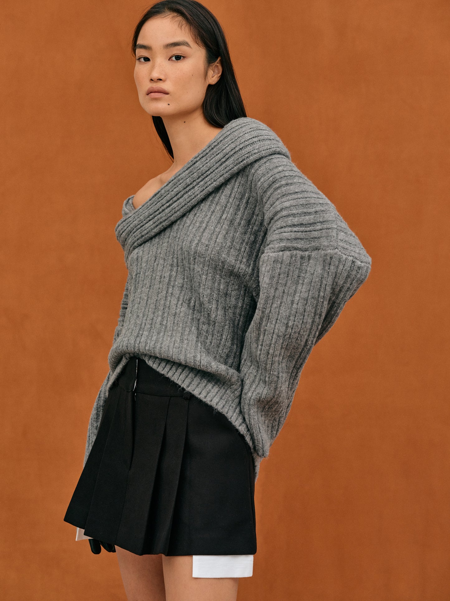 Becca Oversized High Roll Knit Pullover, Storm Grey