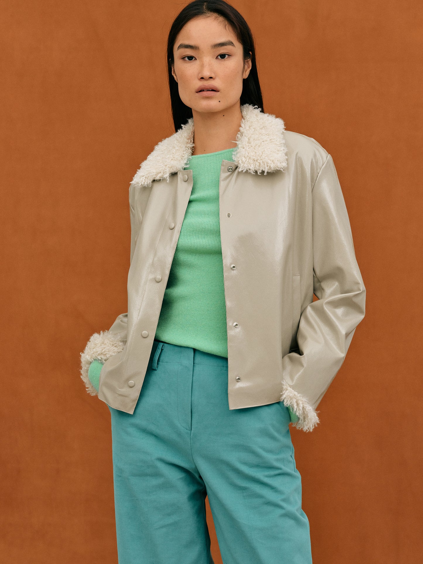 Shearling Curly Patent Jacket, Oyster