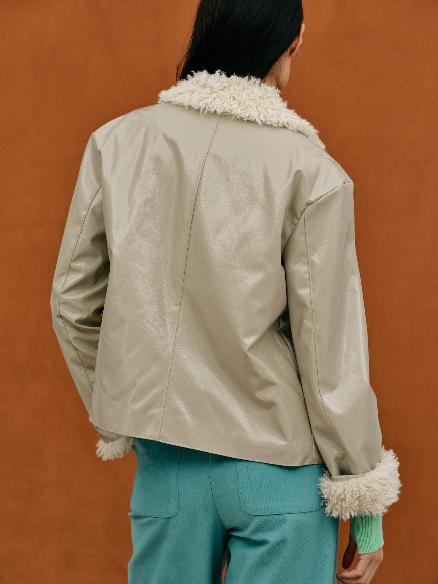 Shearling Curly Patent Jacket, Oyster