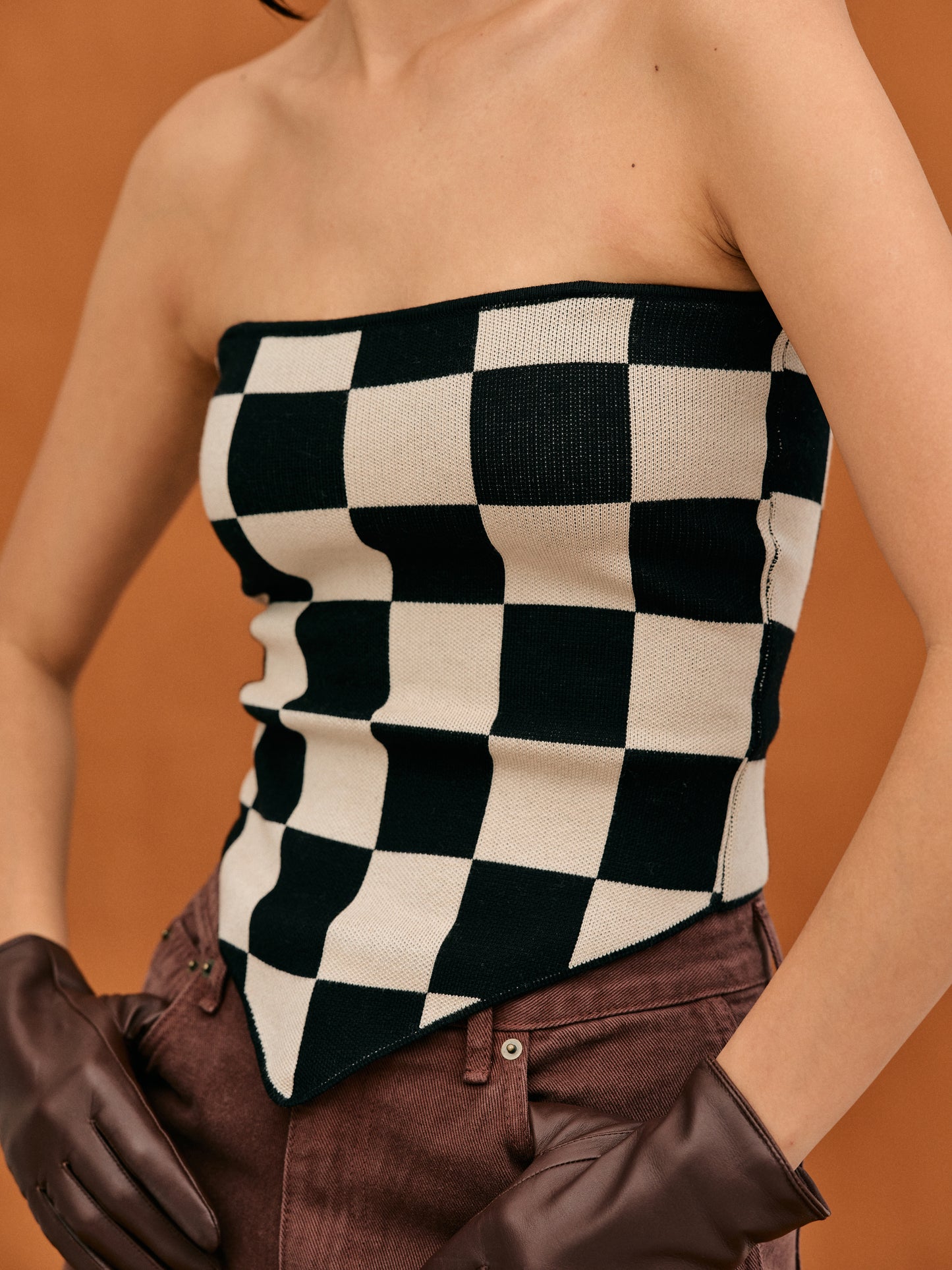 Checkerboard Knit Tube Top, Ivory