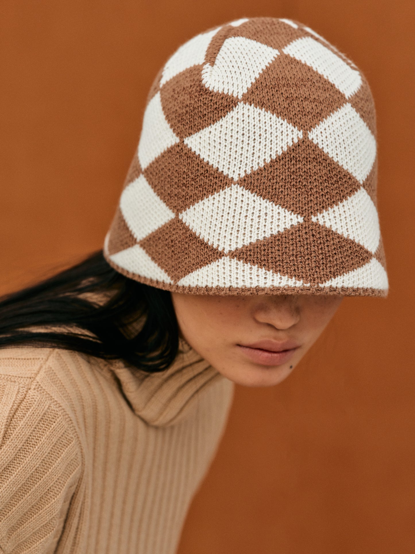 Brimless Knit Bucket Hat, Brown