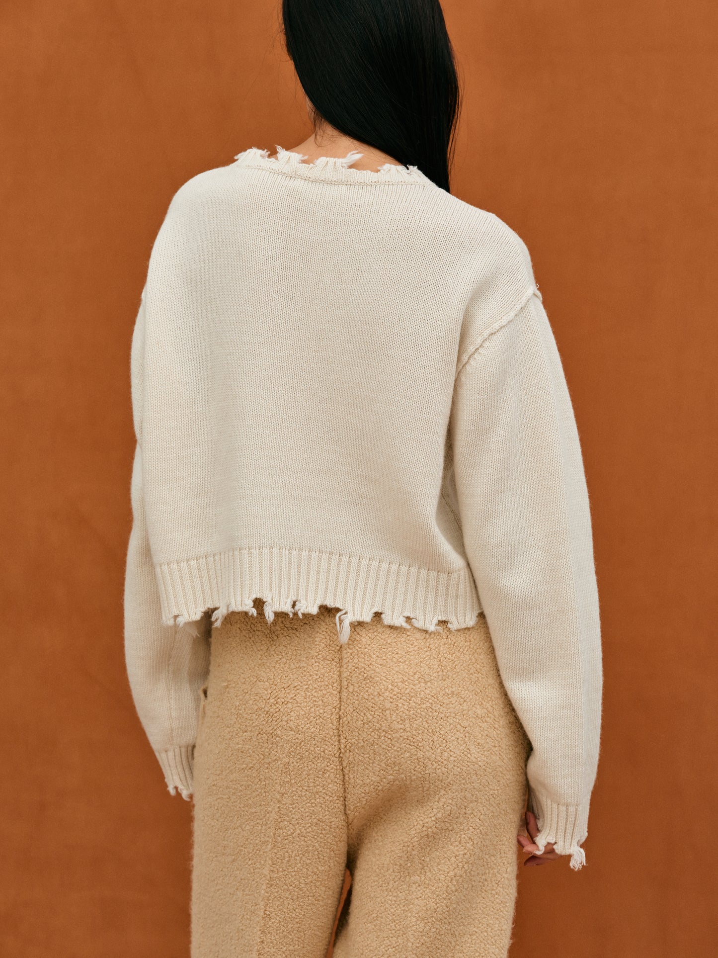 Wool Raw Edge Neck Warmer Sweater Set, Ivory