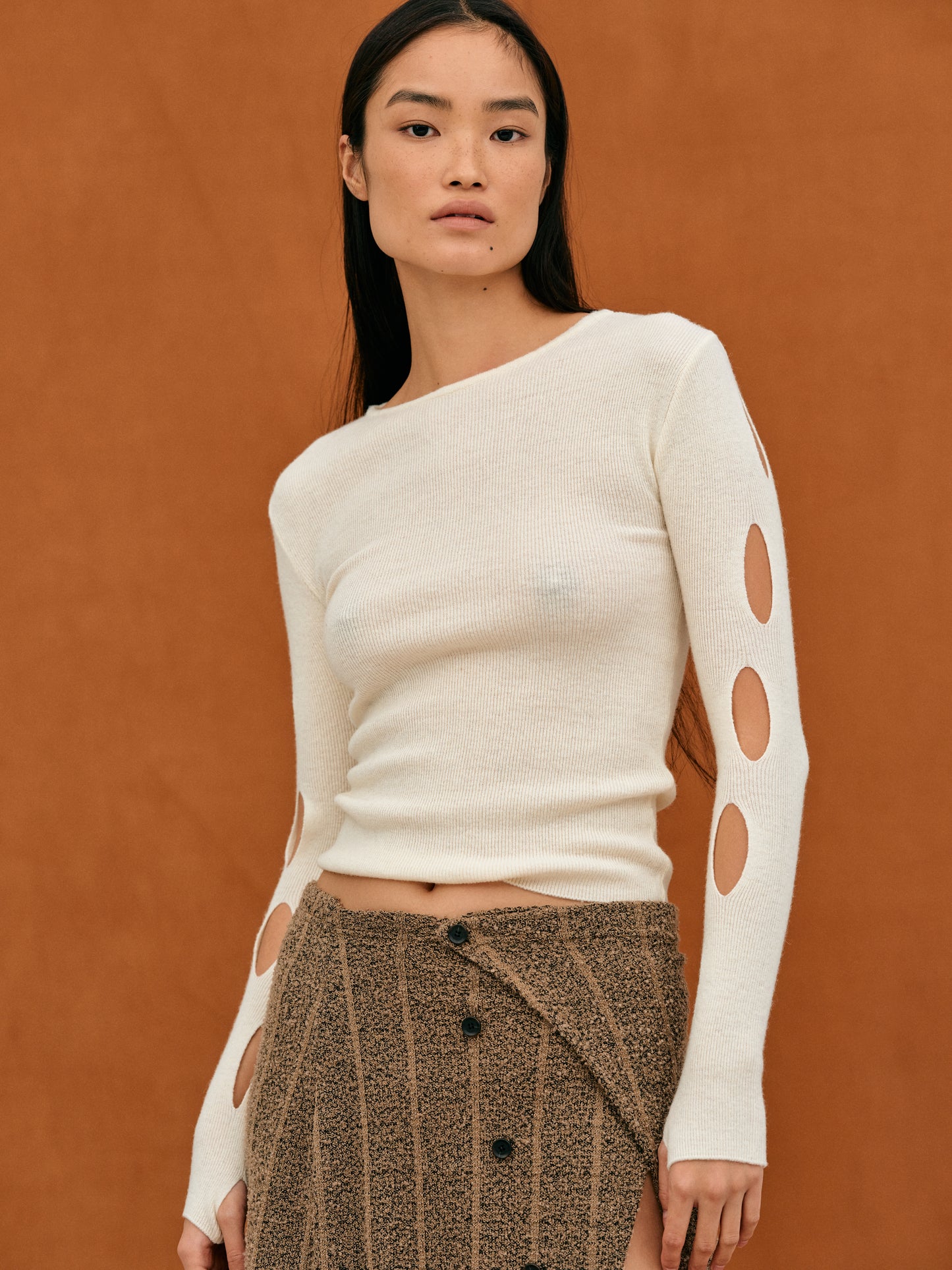 Diagonal Cut-Out Sleeve Knit, Ivory