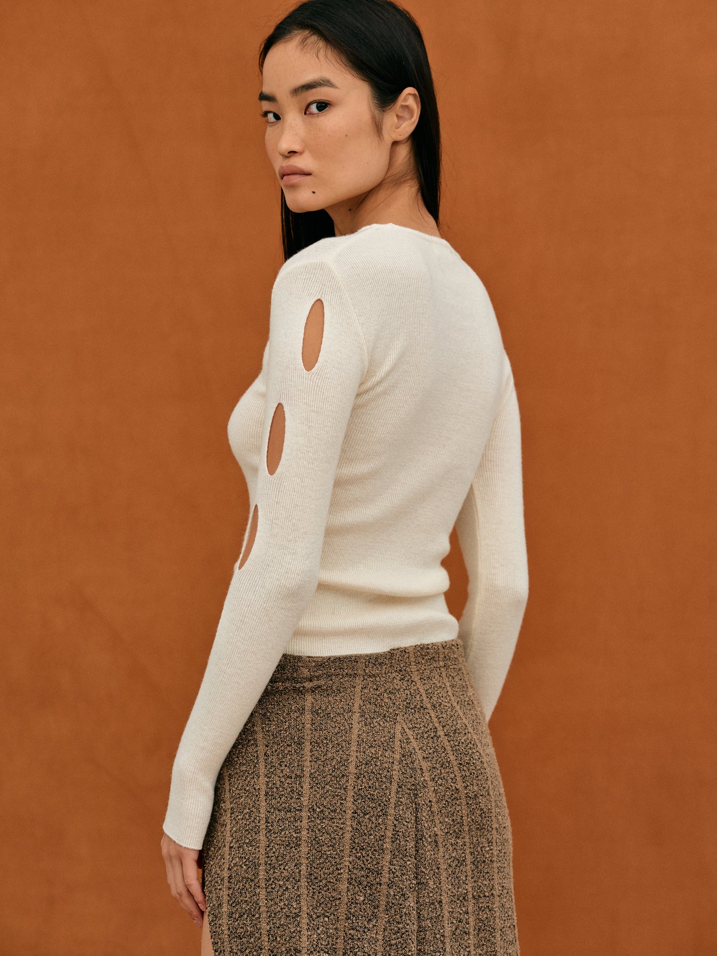 Diagonal Cut-Out Sleeve Knit, Ivory