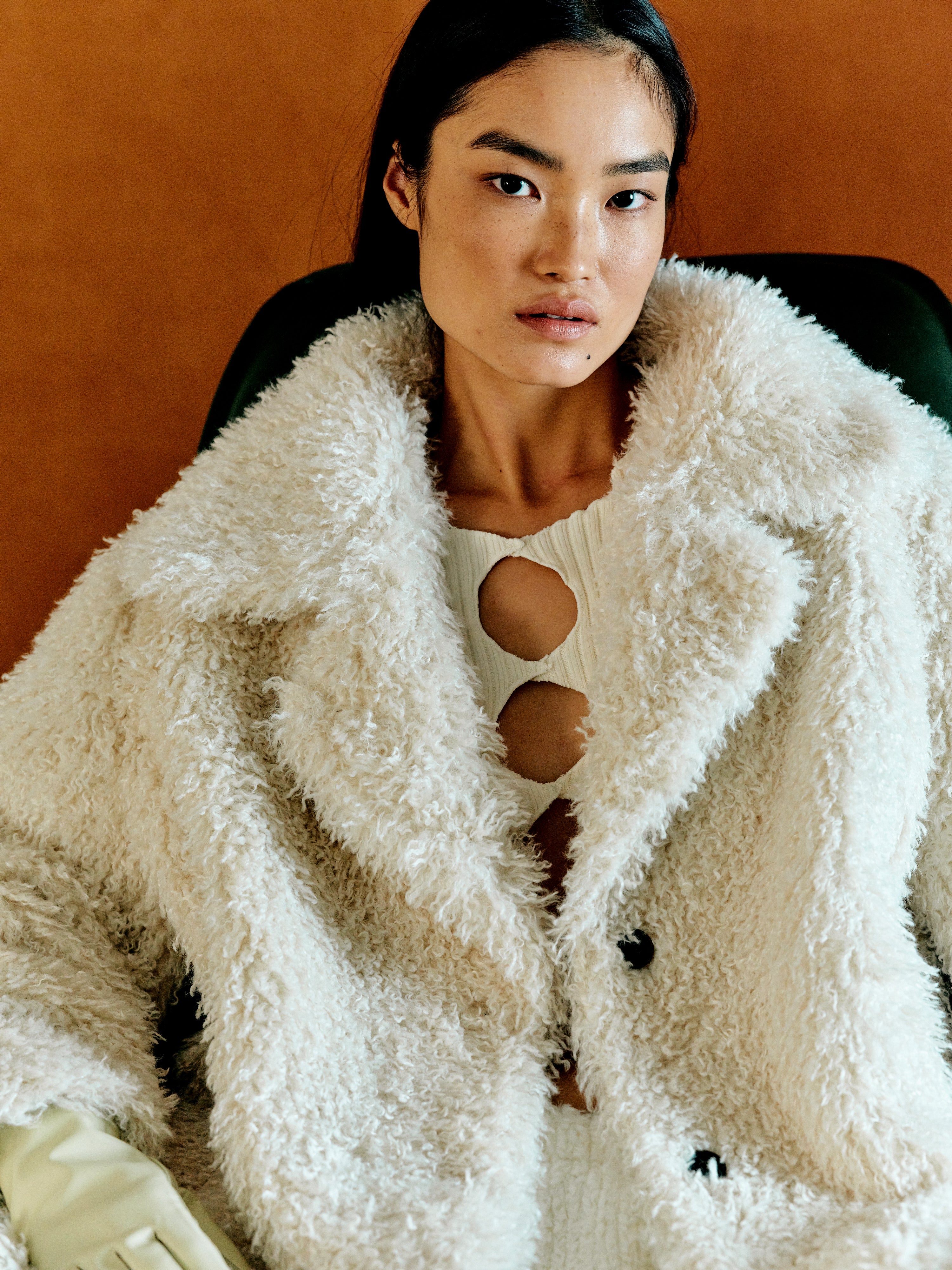 Eco Curly-Shearling Fur Coat, Eggnog