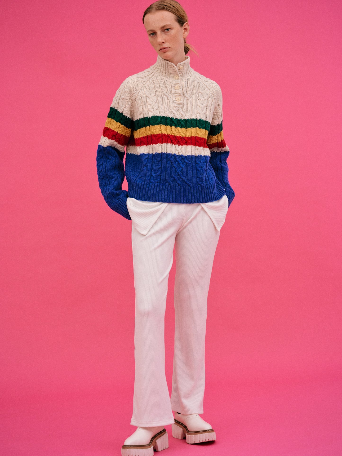 Striped Cable Turtleneck, Ivory
