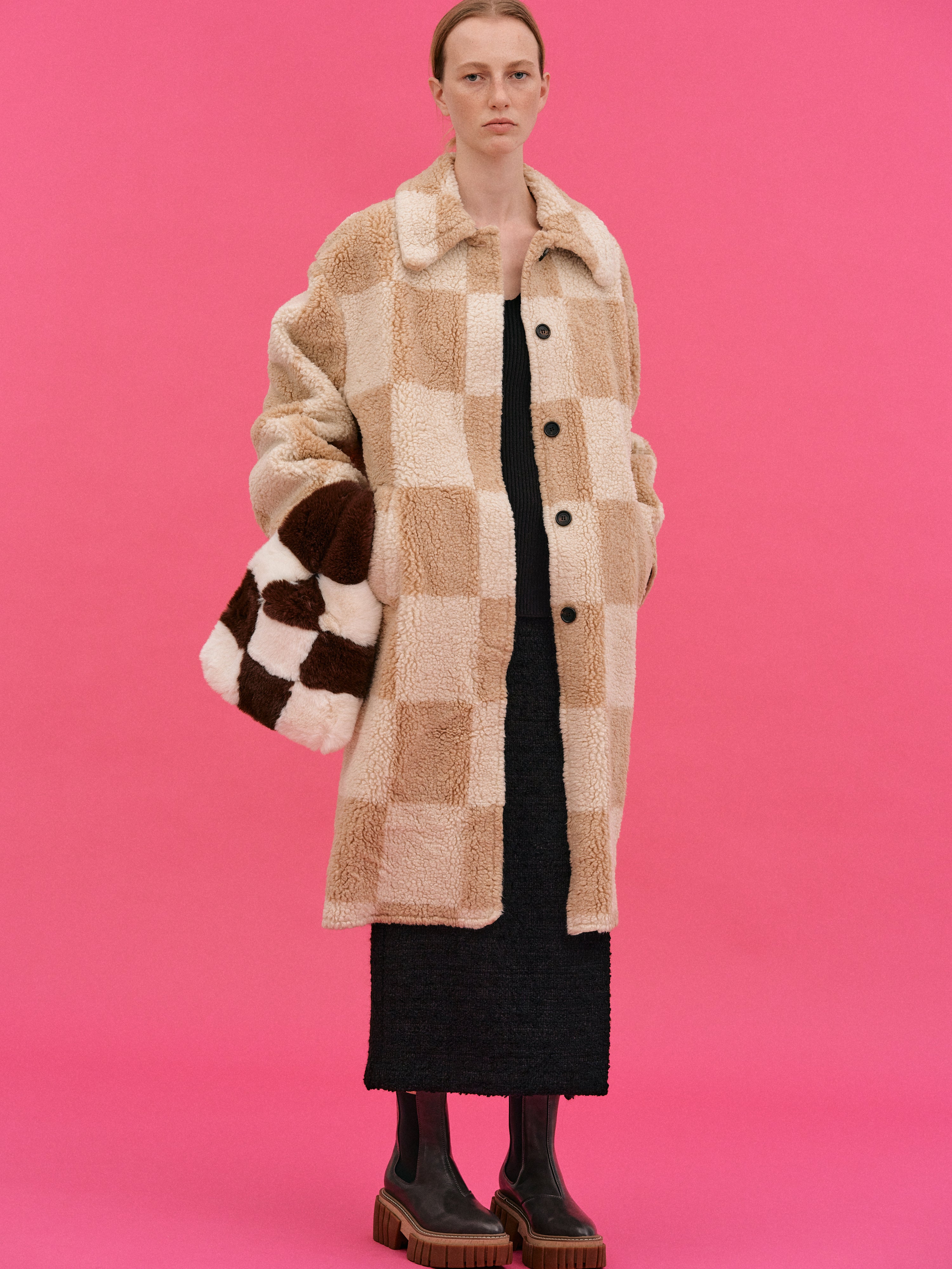 Checked Shearling Coat, Biscuit – SourceUnknown