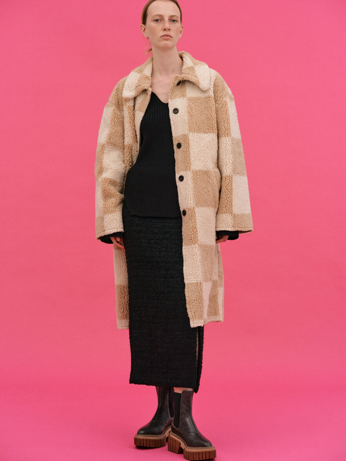 Checked Shearling Coat, Biscuit