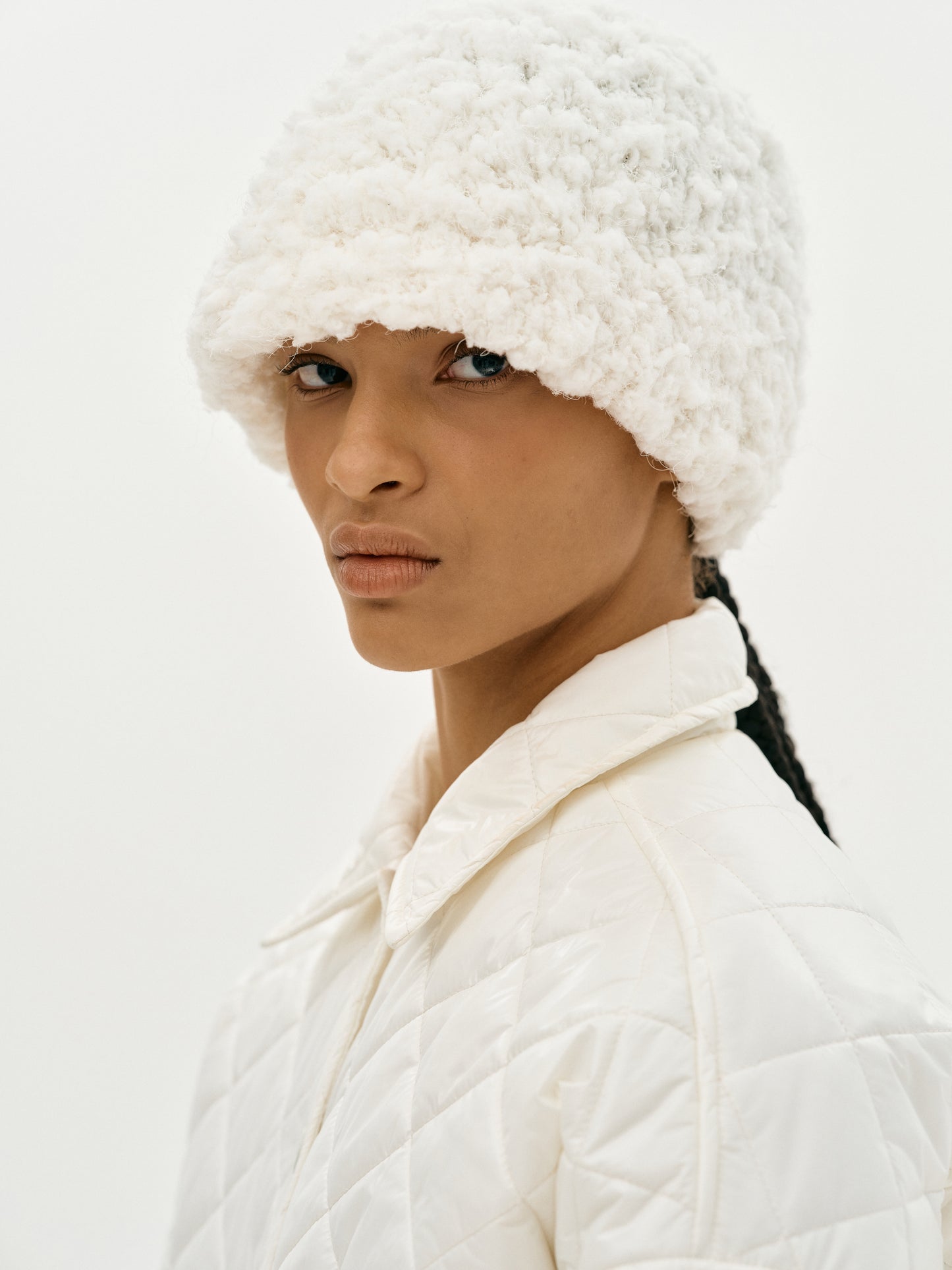 Cozy Knit Bouclé Bucket Hat, White
