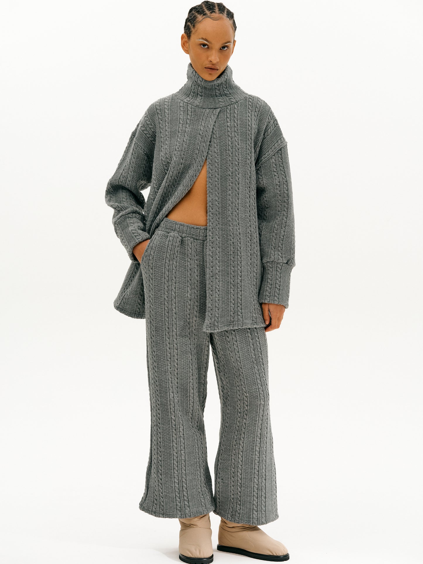 Cable Knit Pants, Charcoal Grey