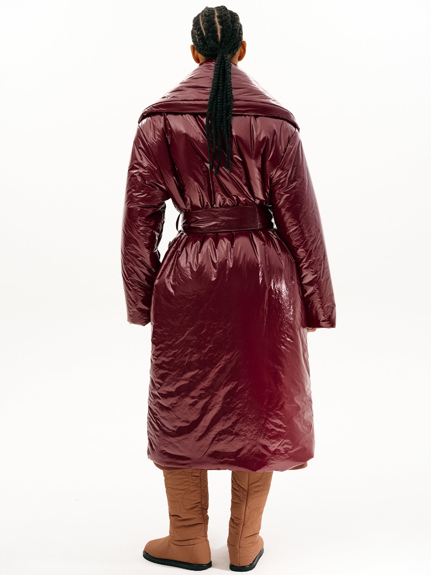 Glossy Down Maxi Coat, Mulberry Red