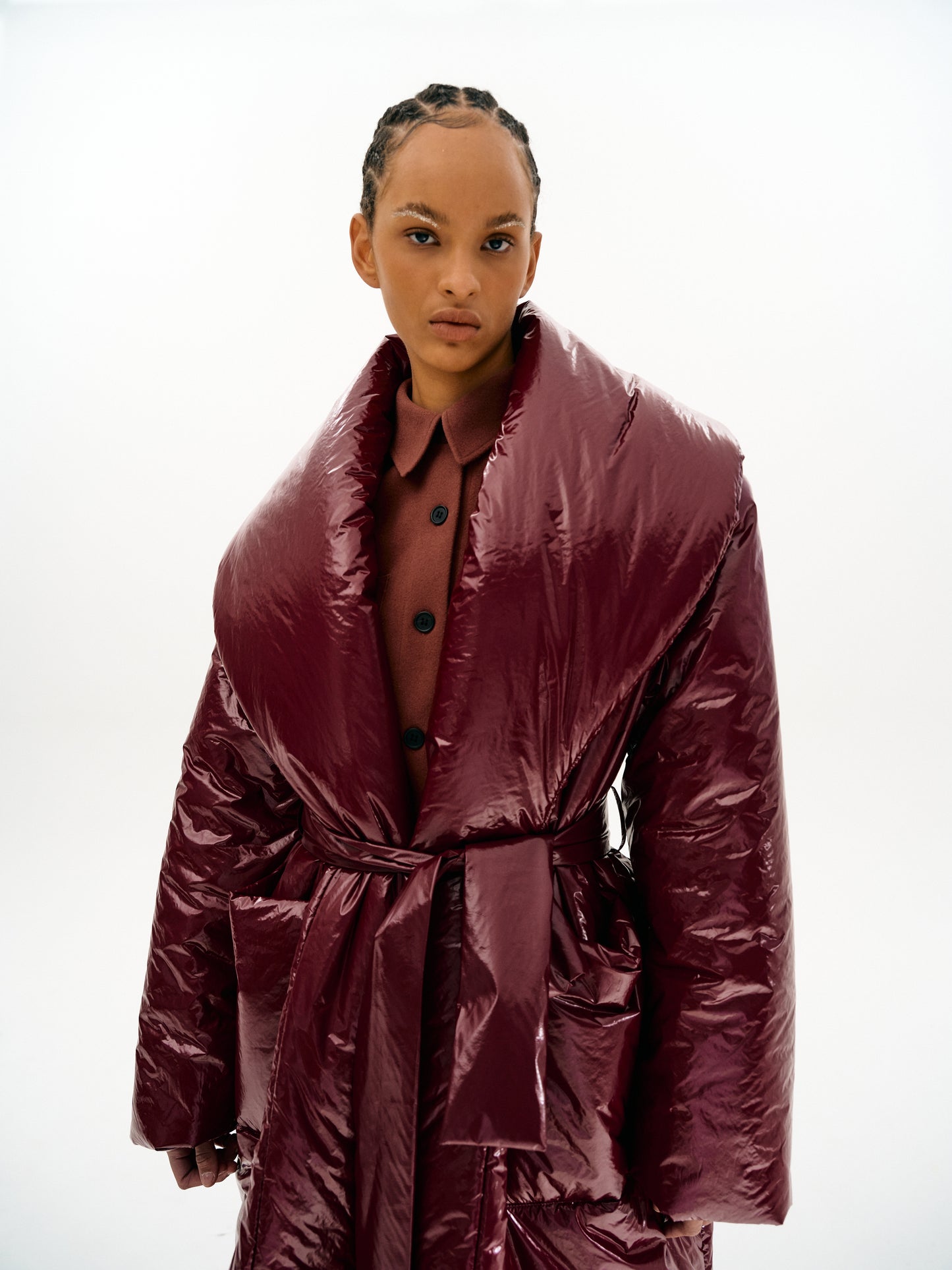 Glossy Down Maxi Coat, Mulberry Red