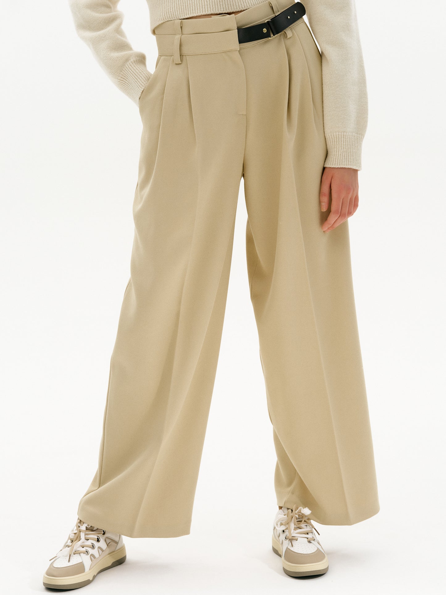Half Belted O-ring Trousers, Sand Beige